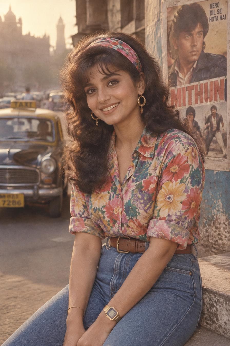 A retro 1980s Bollywood-style portrait of a young Indian woman smiling brightly outdoors on a vintage city street. She has voluminous, dark wavy hair styled with curtain bangs and a colorful floral scarf wrapped around her head as a headband. She is wearing a vibrant, floral-patterned button-down shirt tucked into high-waisted blue jeans with a thick brown leather belt. Her accessories include gold dangling hoop earrings, a metallic gold digital wristwatch, and a simple thin bracelet. In the background, there is a warm…