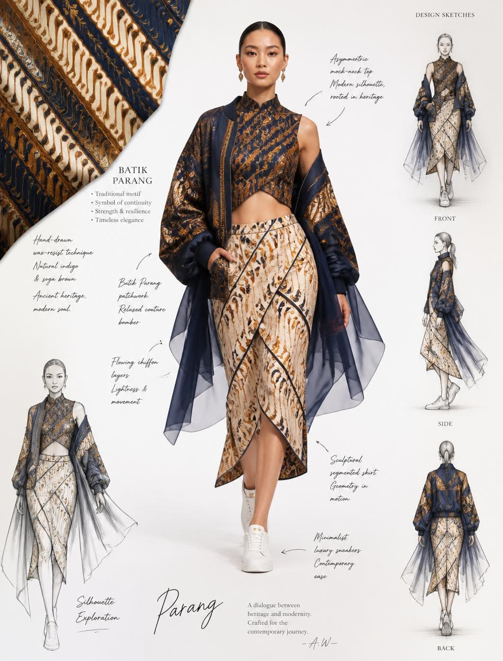 { "prompt": "Ultra-premium luxury fashion designer concept board on a pristine white studio canvas. Elegant editorial layout inspired by haute couture fashion houses.\n\nCENTER: a tall slender runway model walking gracefully with confident posture.\n\nOUTFIT THEME: Modern couture inspired by traditional Indonesian Batik Parang motif. The textile features flowing diagonal parang patterns in deep indigo, warm brown, and antique gold.\n\nOutfit:\n• asymmetric cropped mock-neck top using Parang batik textile\n• relaxed couture bomber jacket with patchwork Parang panels and flowing semi-transparent chiffon layers from the waist\n• sculptural segmented midi skirt using lighter Parang pattern tones\n• minimalist luxury white sneakers\n\nBOARD…
