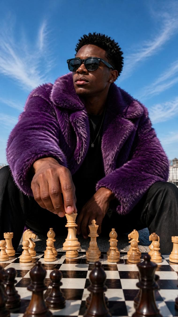 A young Black man, appearing to be in his early twenties, is captured in a low-angle, medium shot, sitting outdoors with a chessboard laid out before him. He wears a striking, plush purple faux fur coat over a dark shirt, complemented by black pants and sleek, dark sunglasses. His expression is neutral, his gaze directed slightly off-camera to his right. His body is positioned centrally, with his right hand reaching out to move a light-colored wooden chess piece, the queen, from its starting position. The chessboard features a classic black and white checkered pattern, with wooden chess pieces arranged on it. In the background, a clear, vibrant blue sky with a few wispy white clouds dominates the upper portion of the frame. The setting appears…