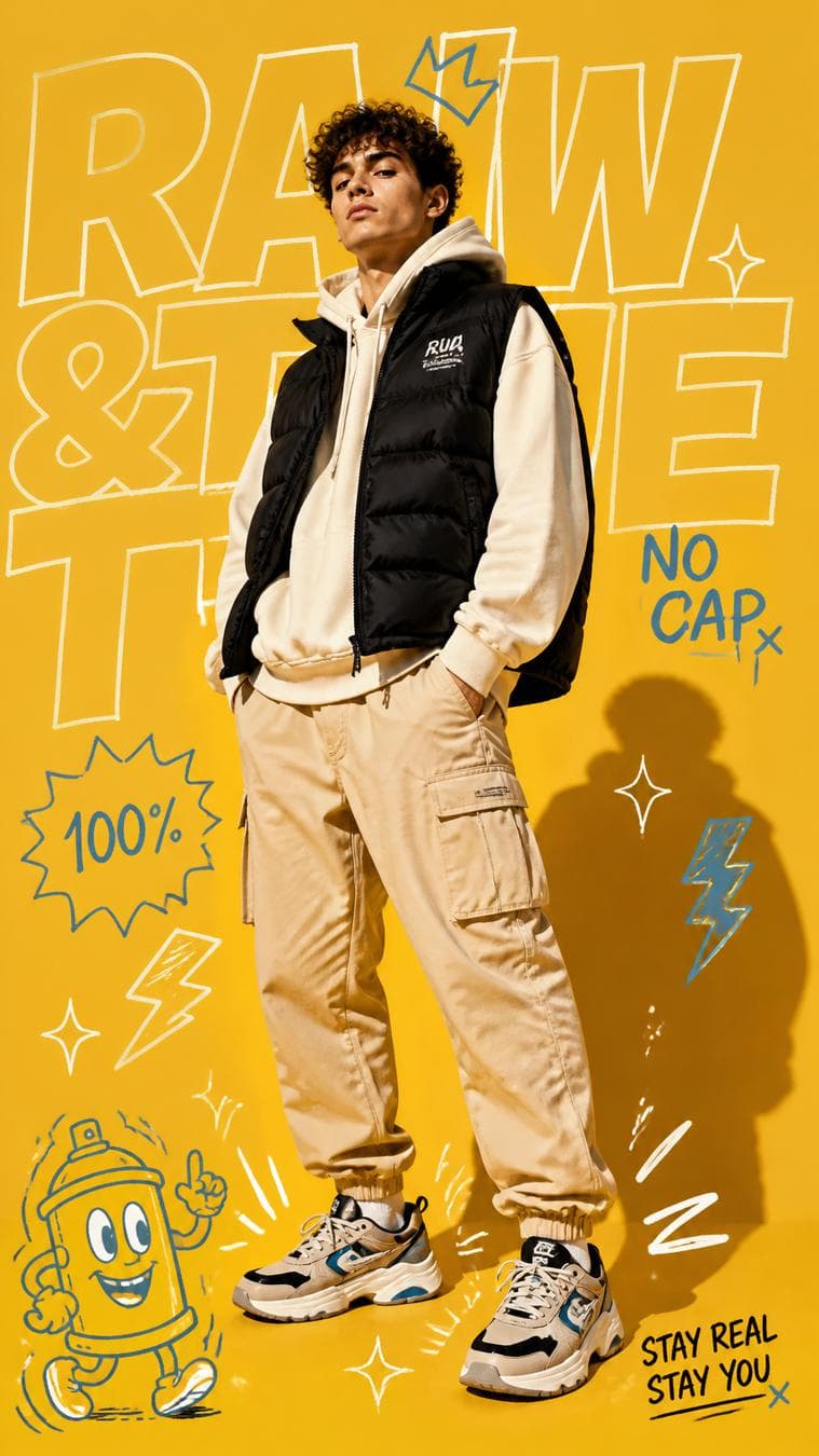 STREETWEAR GRAPHIC COLLAGE SYSTEM A premium full-body fashion editorial scene designed for a modern youth-culture streetwear brand campaign. Central Subject: A cool male model with a confident pose standing in the center, wearing an oversized matte-black puffer vest layered over a premium cream-colored organic cotton hoodie, loose-fit beige cargo pants, and chunky retro sneakers. The Aesthetic (Mixed Media & Pop-Art): The background is a solid, vibrant mustard-yellow studio backdrop. The entire scene is layered with playful 2D graphic doodles, hand-drawn vector elements, and street-art symbols overlaying the realistic photography. Doodle Elements (2D Graphic Layer): Scattered hand-drawn white and neon-blue doodles around the model, including cartoon lightning bolts, retro starbursts, "100%" badge, cute smiling spray-can character in the corner, and abstract dynamic motion lines around the sneakers. Typography: Huge, bold, distorted streetwear-style typography in the background reading "RAW & TRUE" in outline-only format, partially covered by the model's…