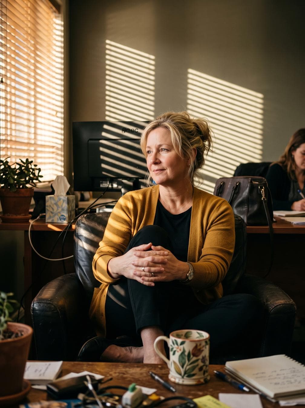 A middle-aged woman with loosely gathered blonde hair sits cross-legged on a dark leather chair, hands clasped over her knee, wearing a mustard-gold cardigan over a black top and trousers. Warm late-afternoon sunlight enters from the left through horizontal blinds, projecting sharp striped bands across the wall, monitor, clothing, and wooden furniture while leaving her face in soft chiaroscuro. In the foreground, a ceramic botanical-patterned mug rests on a desk beside scattered objects; the middle ground contains a computer monitor, patterned tissue box, and handbag, while a partially visible seated person occupies the right background. The subdued office interior uses matte fabric, reflective leather, polished wood, and shallow atmospheric separation for an intimate candid portrait. * **Style:** Naturalistic…