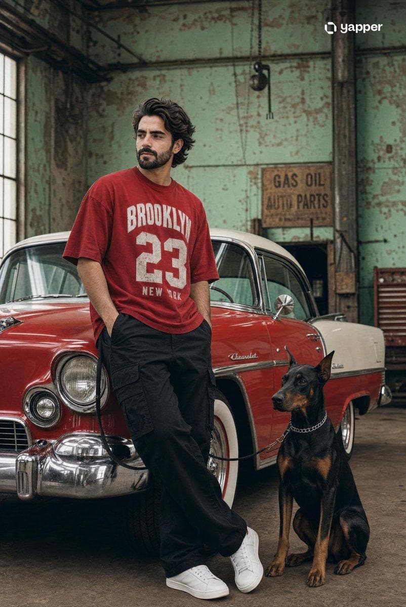 Cinematic streetwear fashion photoshoot. A confident young South Asian man with a beard and slicked-back hair, leaning against a classic red and white 1950s vintage Chevrolet car. He is wearing a heavy-cotton red oversized graphic t-shirt with bold white text and black cargo pants. Next to him, an elegant black Doberman Pinscher dog sits on a leash. The setting is an old, industrial…