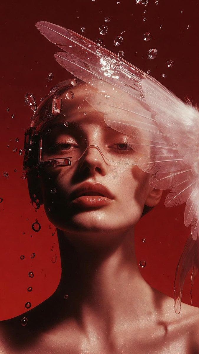 Her face, half covered by a translucent angel wing, hints at the technology beneath. Water around her head is frozen in a moment, capturing the reflection of her contemplative gaze. The…