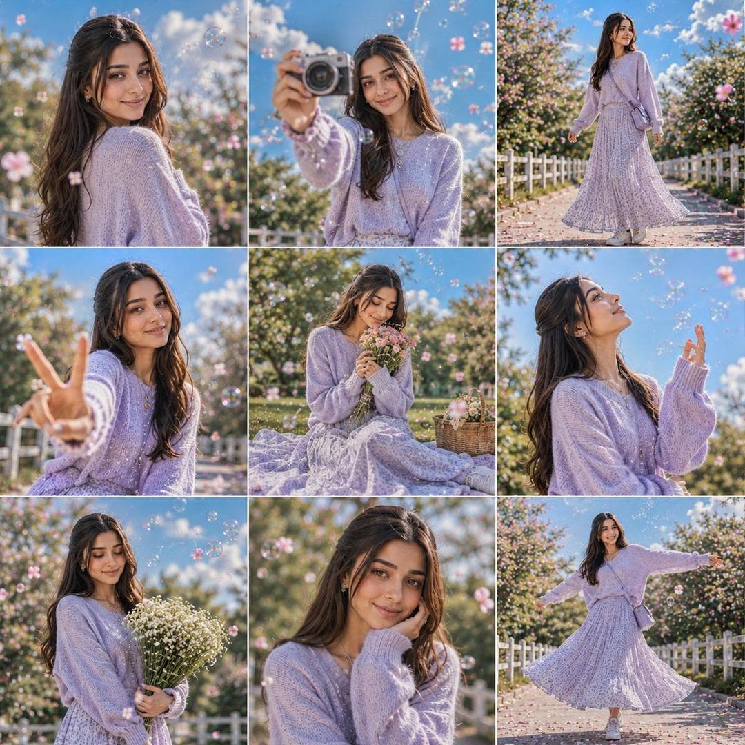 A vibrant 3×3 grid photo collage containing nine completely unique and expressive moments of the same girl. Each frame naturally captures a different mood, gesture, expression, body language, and camera interaction, creating the feeling of a real lifestyle photo dump shared on Threads. The scene captures a beautiful summer day with a bright blue sky, fluffy clouds, and warm golden sunlight producing crisp natural shadows. Soft bokeh, sparkling highlights, floating flower petals, and soap bubbles reflecting sunlight create a dreamy atmosphere. The character wears a soft pastel lavender oversized knitted sweater paired with a flowing ankle-length floral maxi skirt, layered silver necklaces, delicate accessories, and white sneakers. A gentle breeze creates natural movement in the hair and clothing. Every image should feel spontaneous and different, featuring a mix of candid smiles, playful interactions with the camera, thoughtful expressions, over-the-shoulder glances, hand gestures, movement shots, walking moments, sitting poses, looking upward, laughing naturally, holding flowers, interacting with bubbles, and editorial beauty portraits. No repeated poses or repeated expressions. The collage freely alternates between 35mm wide-angle full-body photography and 85mm close-up beauty portraits, combining low-angle shots, eye-level perspectives, top-down views, intimate close-ups, and dynamic lifestyle compositions. Beautiful flowering gardens, blooming trees, white fences, floating petals, dreamy sunshine, and soft pastel colors create a premium Korean spring-summer atmosphere. Rendered in ultra-realistic Korean editorial photography, luxury lifestyle magazine quality, premium social media…