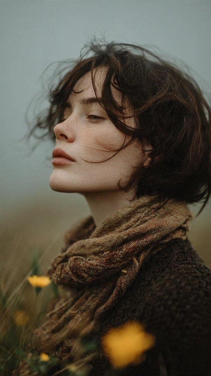 Prompt 1 – Windy Meadow Portrait Ultra-realistic cinematic fine-art portrait of a young woman with short tousled dark hair and soft freckles, wearing a thick knitted brown sweater with a textured wool scarf, standing in a windswept wildflower meadow, eyes gently closed, soft wind blowing loose strands of hair across her face, muted earthy color palette, overcast sky, shallow depth of field, creamy foreground bokeh with yellow wildflowers, natural skin texture, subtle Kodak Portra 400 film colors, soft atmospheric haze, captured on a Leica M11, 50mm Summilux f/1.4, analog film grain, poetic storytelling composition, photorealistic, 8K. Prompt 2 – Autumn Wildflowers Dreamy cinematic portrait of a young woman with shoulder-length chestnut hair standing among blooming autumn wildflowers, wearing a rust-colored linen dress with a high ruffled collar, soft contemplative expression, misty countryside, gentle breeze moving her hair, creamy floral foreground bokeh, warm muted oranges and soft greens, Kodak Gold 200 film aesthetic, natural light, realistic skin texture, ultra-shallow depth of field, captured on a Canon EOS R5, 85mm f/1.2L, analog film grain, ethereal editorial photography, photorealistic, 8K. Prompt 3 – Foggy Morning Portrait Atmospheric cinematic portrait of a young woman with dark wavy hair and pale green eyes, wrapped in a textured brown wool coat, standing in dense morning fog, wind softly lifting strands of hair, melancholy expression, minimalist misty landscape, cool blue-gray tones, soft diffused natural light, cinematic haze, realistic freckles and skin texture, Kodak Vision3 film look, captured on a Sony A7R V…