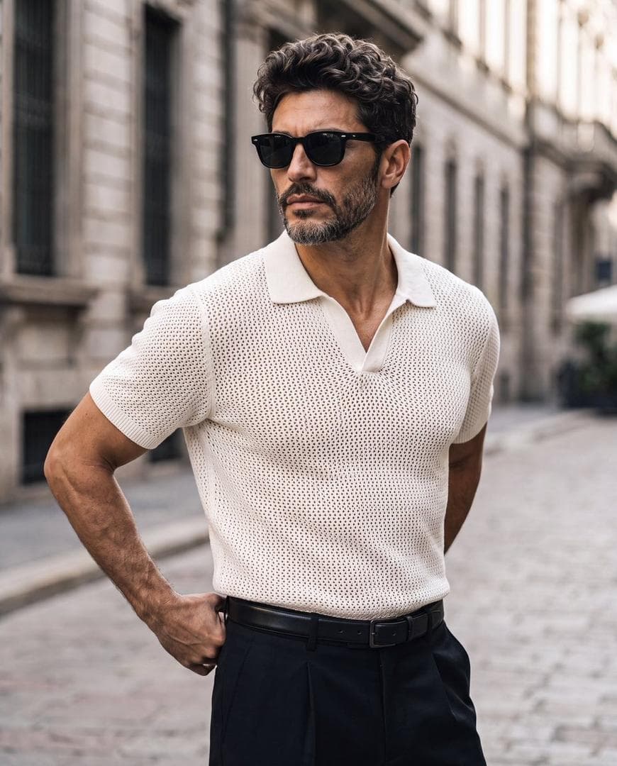 I am standing confidently on a quiet European city street with my exact face and identity preserved with pixel-perfect accuracy. The atmosphere is elegant, timeless, and cinematic, inspired by luxury fashion editorials. I am standing in a relaxed, masculine pose with my torso turned slightly about 20 degrees to the left. My shoulders are broad but relaxed, creating a natural, confident posture. My left arm is bent with my left hand resting firmly on my left hip, fingers naturally curved and the elbow pointing outward. My right arm is positioned behind my lower back with the hand resting casually behind my waist, creating an asymmetrical, effortless pose. My chest is open, posture upright, and my weight is shifted mostly onto one leg while the other leg remains relaxed. My head is turned approximately 45 degrees toward the left side of the frame as I look confidently into the distance. rather than at the camera. My facial expression is calm, composed, and… 1 am wearing high-waisted black tailored trousers with a clean front, soft pleats, and a relaxed straight-leg silhouette. A classic black leather belt with a polished silver rectangular buckle is visible around my waist. The monochromatic combination of black trousers and the ivory knit polo creates a timeless old-money fashion aesthetic. I am wearing classic black rectangular sunglasses with dark lenses and a refined minimalist frame. I am not wearing necklaces, bracelets, rings, hats, or additional accessories. The background features an elegant European street with historic stone buildings, large windows, architectural details, street signs, and industrial metal structures softly fading into the distance. Everything behind… d me remains naturally blurred with realistic depth of field while preserving the…