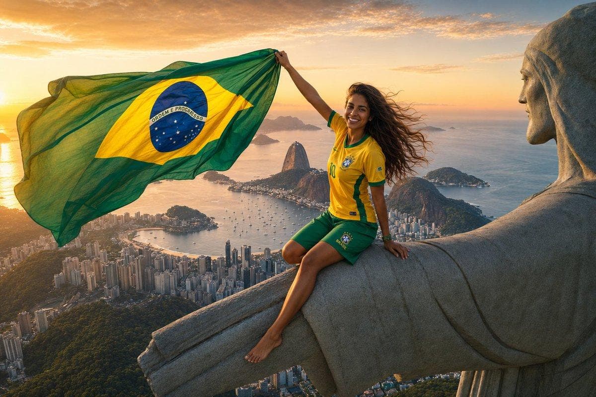 Young Brazilian football supporter with long wavy dark hair and a joyful expression, wearing a modern yellow Brazil national team jersey with green accents and emerald-green athletic shorts, barefoot, seated comfortably along the broad stone arm of the Christ the Redeemer monument, proudly lifting a large Brazil flag that flows dramatically in the wind beside her. Panoramic view of Rio de Janeiro below with Sugarloaf Mountain, beaches, city skyline, and sparkling Atlantic Ocean stretching into the distance. Energetic FIFA World Cup celebration mood, passionate football fan culture, authentic Brazilian spirit, golden sunset illuminating the scene, soft warm light on her face, wind-swept hair, dynamic aerial drone perspective, cinematic travel-sports editorial photography…
