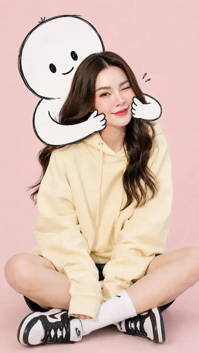 A high-quality, photorealistic fashion portrait of a cute, minimalist young Filipina woman. She is sitting comfortably and relaxed with crossed legs on the floor of a clean studio with a soft pink background. She is wearing an oversized light blue hoodie, black shorts, white socks, and Nike shoes in light blue and black, flashing a soft, gentle smile. Behind her, a large, simple black-and-white line-art cartoon character with a round head and tiny eyes is embracing her, wrapping its arms around her shoulders and gently…