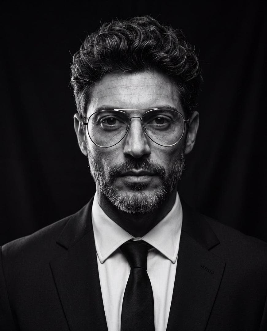 Create an ultra-realistic cinematic studio portrait of the person in the reference image. Preserve the person’s facial features and identity while styling them in a luxury editorial fashion. Give them a modern textured quiff hairstyle with medium-length hair, voluminous top, natural lift, slightly messy brushed-back texture, subtle side taper, clean sides, and realistic individual hair strands. Add thin silver metal aviator eyeglasses with large rounded lenses, minimalist frame, clear lenses, elegant luxury design, perfectly fitted to the face. Dress them in a tailored black suit, crisp white dress shirt, and black tie. Pose them looking directly into the camera with a calm, confident, serious expression. Use dramatic low-key studio lighting with a single large octabox positioned 45° above the subject, classic Rembrandt lighting, deep cinematic shadows, subtle rim light around the hair and shoulders, black seamless background, high contrast black-and-white grading, rich tonal range, crisp eyes with natural catchlights, highly detailed skin texture, realistic pores, subtle facial hair detail, shallow depth of field, Leica SL2 with APO-Summicron 90mm lens, f/2.2, ISO…