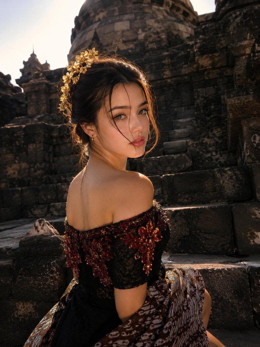 Ultra-realistic cinematic luxury travel portrait of an extraordinarily beautiful young East Asian woman seated elegantly on the ancient stone steps of a magnificent centuries-old Buddhist temple. She turns gracefully over her shoulder toward the camera with an irresistible, mysterious gaze that instantly commands attention and creates a powerful stop-scrolling moment. Her expression is calm, confident, and effortlessly magnetic, making viewers pause at first glance. Her flawless porcelain skin glows with a luminous golden sun-kissed radiance, featuring incredibly realistic skin texture, delicate natural blush, glossy soft rose lips, a refined nose, perfectly shaped eyebrows, and mesmerizing deep dark brown eyes with sparkling cinematic catchlights that create an unforgettable emotional connection. Loose silky chestnut-brown strands dance gently around her face while an elegant updo is adorned with intricate golden floral ornaments, adding timeless sophistication. She wears an exquisite off-the-shoulder black luxury gown inspired by traditional Asian fashion, richly embroidered with deep crimson, burgundy, and antique gold floral beadwork that shimmers beautifully in the sunlight. A flowing premium batik-patterned silk wrap drapes elegantly across her lap, creating graceful movement and rich texture. The background showcases breathtaking ancient volcanic-stone architecture, dramatic temple walls, weathered stone staircases, and towering sacred structures, creating an epic historical atmosphere. Warm golden sunlight pours across the scene, producing cinematic highlights, soft shadows, and extraordinary depth while…