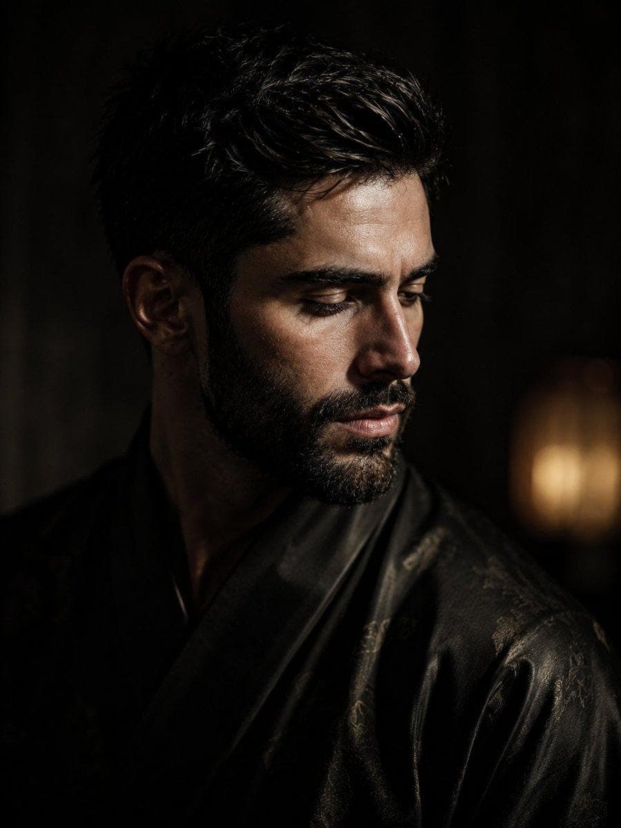 Cinematic chiaroscuro portrait of a man use image for face reference in a dark silk traditional robe. Side profile, downward gaze, introspective and melancholic mood. Dramatic high-contrast lighting carves refined facial features, porcelain skin texture, and fine strands of raven-black hair from deep, velvety shadows. Minimalist composition, heavy negative space, soft bokeh highlight in the background. Desaturated aesthetic with naturally toned lips. Sharp focus on the…