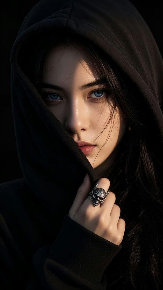 A moody close-up portrait of a mysterious young East Asian woman with striking light blue eyes wearing an oversized black hoodie with the hood pulled up over her head One side of her face is in dramatic shadow from the hoodie creating high contrast chiaroscuro lighting Her hand rests near her cheek wearing a detailed silver skull ring with small horns…