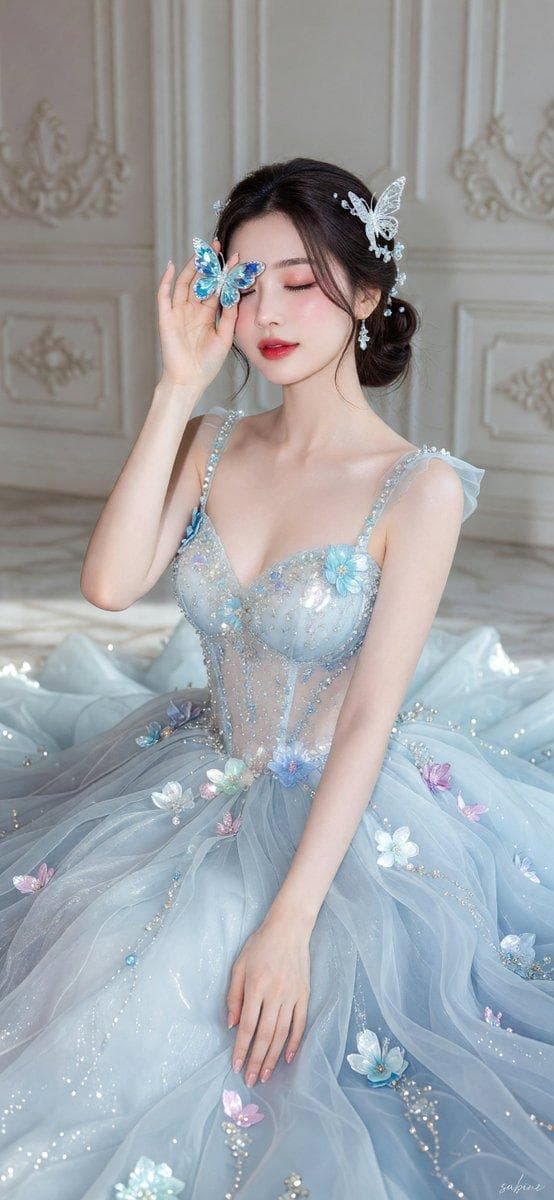 Create an ultra-realistic, high-fashion editorial portrait of an elegant adult woman in a dreamy icy-blue fairy princess setting. She is seated gracefully on a voluminous, layered ball gown spread across the floor. The background is an elegant classical European-style interior with white ornate wall molding, decorative paneling, subtle embossed floral details, and a luxurious soft ivory-white atmosphere. Outfit: a breathtaking pale ice-blue couture ball gown made from translucent layered organza and delicate tulle, fitted sparkling corset bodice with thin embellished straps, covered in intricate iridescent sequins, tiny crystals, pearl-like beads, and three-dimensional pastel floral appliqués in baby blue, silver, lavender, and soft pink. The enormous flowing skirt surrounds her body like a cloud, creating an ethereal princess silhouette. Add subtle shimmering reflections throughout the fabric. Hair: long dark-brown hair styled into a soft elegant low messy bun, with wispy face-framing strands falling naturally around the cheeks. Decorate the hairstyle with an intricate silver crystal butterfly/fairy hair accessory and delicate sparkling embellishments. Pose: seated elegantly with her torso slightly angled toward the camera. One arm is raised vertically in front of her face, with slender fingers delicately touching near her eyebrow/forehead while partially covering one eye. A large sparkling blue-green crystal butterfly ornament is positioned across her fingers and in front of her eye. Her other arm rests naturally downward, with her hand relaxed delicately on the flowing skirt. Eyes gently closed, lips slightly parted, expression serene…