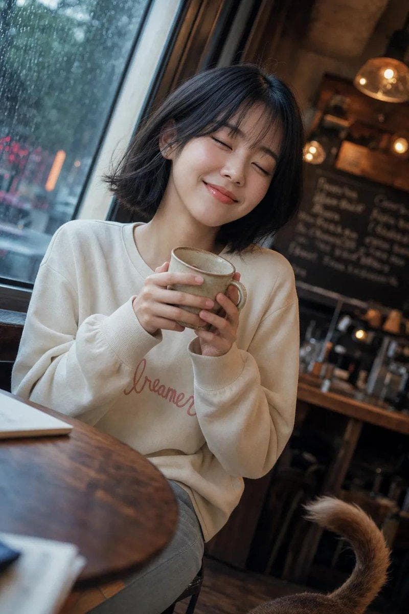 A high-quality, professional portrait captured on a Hasselblad X2D 100C with an XCD 90mm f/2.5 lens. A beautiful young East Asian woman with long, natural dark brown hair styled in soft, loose waves stands in a bright, minimalist art gallery. She has a refined and elegant facial structure, clear skin with a subtle, glowing complexion, large expressive dark eyes, and a delicate pink-tinted lip. She wears a clean, minimalist white t-shirt featuring bold, black sans-serif typography that reads "YOUR MINE". She poses with one hand gently touching her chin in a relaxed, thoughtful gesture—a soft Chin Rest. The background features a large abstract painting in muted beige and cream tones, with warm natural light streaming through a…