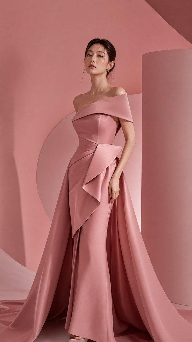 High-end editorial masterpiece, monochromatic reddish environment, elegant Korean beautiful stylish woman in a structured couture gown featuring sculptural tailoring and flowing fabric luxury studio backdrop, premium fashion-week energy…