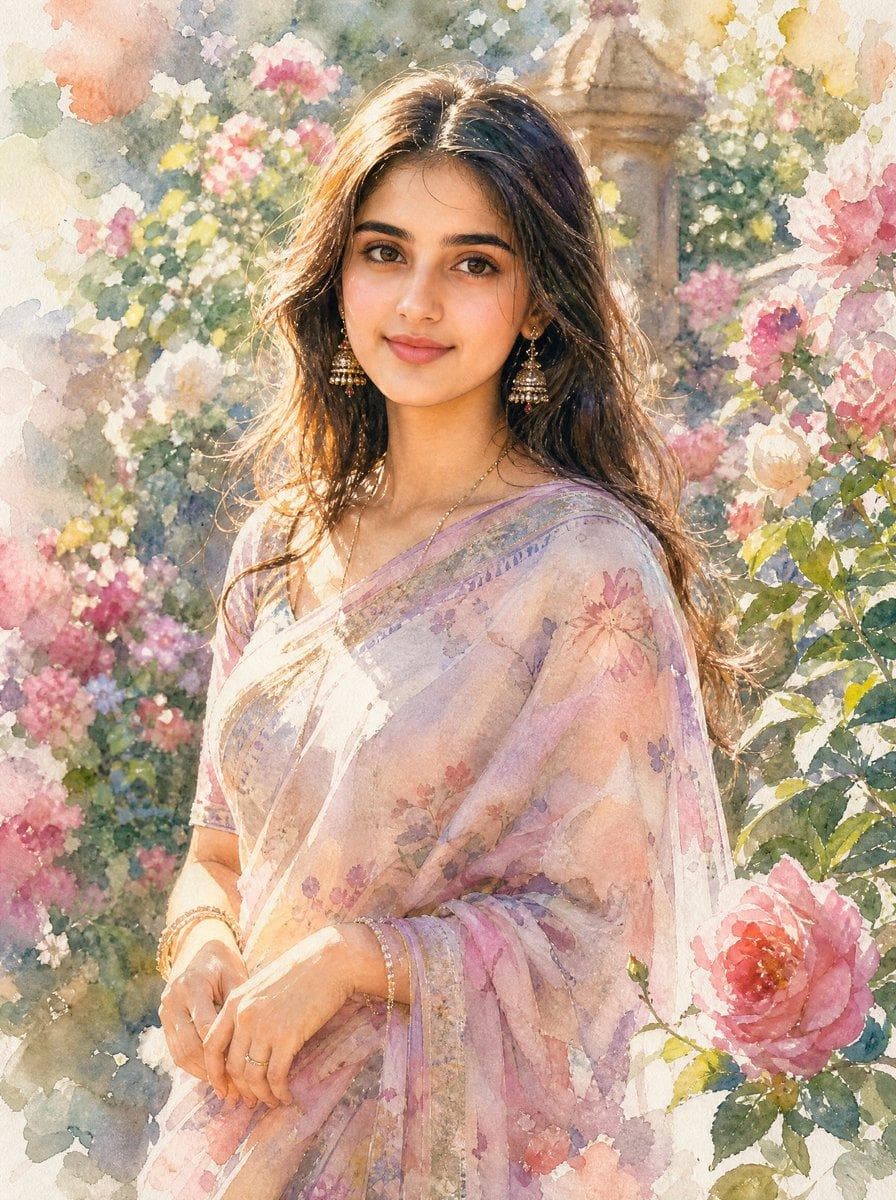 Beautiful young South Asian woman gracefully standing in a dreamy flower garden, wearing an elegant pastel floral saree with delicate jewelry. Expressive almond eyes, long flowing dark hair, gentle smile. Soft morning light, dreamy pastel tones, romantic floral background, detailed watercolor brushstrokes…