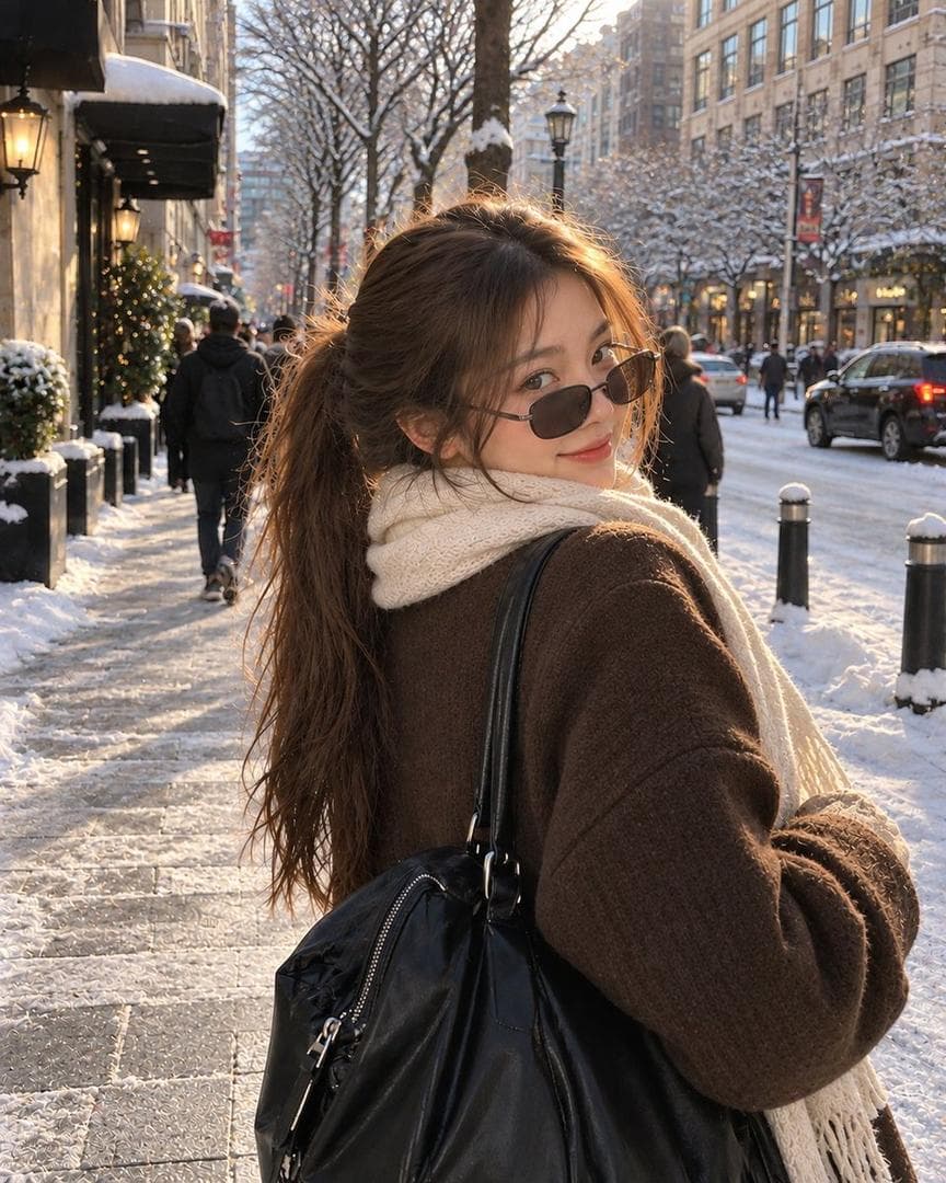 A realistic candid street-style portrait of a young woman with light-brown hair tied into a loose ponytail, a few soft strands framing her face. She is turning slightly away from the camera and looking back over her shoulder with a subtle, playful smile. She wears narrow oval dark sunglasses lowered slightly on her nose, a white collared shirt layered under a chunky brown ribbed knit sweater, and carries a large black leather shoulder bag. The photo is taken outdoors on a sunny city street, with warm golden sunlight illuminating her hair and face. The background shows modern buildings, trees, pedestrians, and urban street details…
