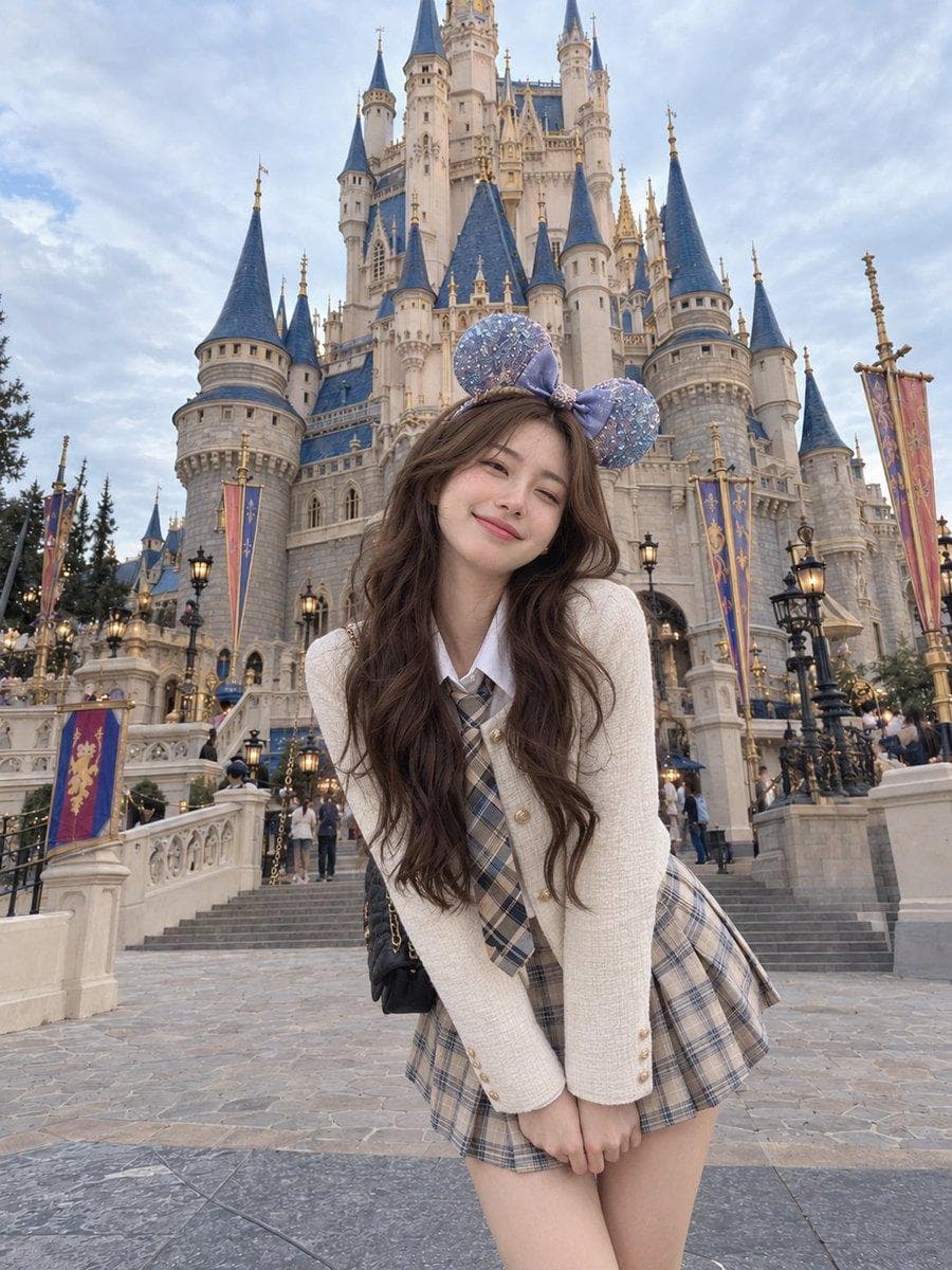 A realistic candid travel photo of a young East Asian woman having a fun, magical day at a fairytale castle. She’s standing in front of a grand European-style fantasy castle with tall ivory towers, elegant blue rooftops, golden spires, intricate stone details, and beautiful old-world architecture. The castle takes up most of the background, giving the scene a dreamy theme-park vacation feel. She has long, naturally wavy chestnut-brown hair falling loosely over her shoulders and back. She’s wearing a cute blue-and-lavender glittery mouse-ear headband and smiling naturally while looking slightly upward and to the side, as if caught in a genuine happy moment. She wears a cropped cream-white textured jacket with gold buttons over a clean white collared shirt and patterned plaid tie. Her high-waisted beige, cream, and muted-blue plaid skort has soft pleats that move naturally with her pose. She stretches both arms outward and leans slightly toward the camera with an excited, playful energy. The pose feels spontaneous rather than posed, like a real vacation snapshot. The castle courtyard behind her has wide pale-stone steps, decorative railings, colorful banners, and…