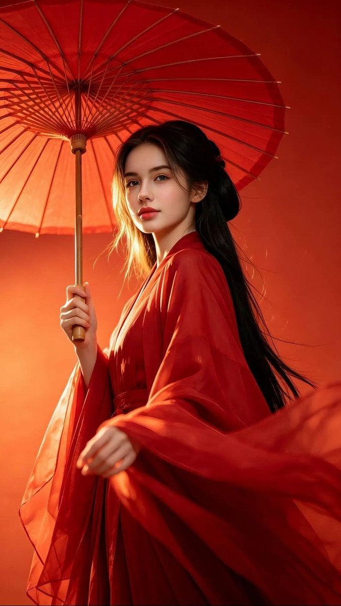 Ultra-realistic photography, inspired by classical Chinese fantasy fashion. A beautiful young woman with a youthful, delicate face and long flowing black hair wears a vibrant crimson-red traditional Hanfu robe with wide sleeves and lightweight, elegant fabric that moves gracefully in the wind. She holds a red oil-paper umbrella, adding a timeless Eastern aesthetic. The entire scene is dominated by warm orange-red tones, creating a visually striking and harmonious color palette. The atmosphere blends classical Chinese elegance, minimalist composition, and traditional ink-painting aesthetics. Dynamic tilted composition, photographed from a dramatic low-angle perspective, creating a powerful and cinematic visual impact. The model displays a refined professional fashion expression with subtle emotions, natural beauty, and affectionate, captivating eyes. Her gaze is soft, poetic, and deeply expressive, creating a strong emotional connection and immersive mood. Strong visual contrast, bold editorial composition, exaggerated cinematic perspective, and dramatic color collision. Rich interplay of light and shadow enhances the scene. Soft facial fill light, gentle side lighting, luminous hair highlights, golden reflections on individual strands of hair, and striking contrast between light and darkness. The darker background creates a tranquil and…