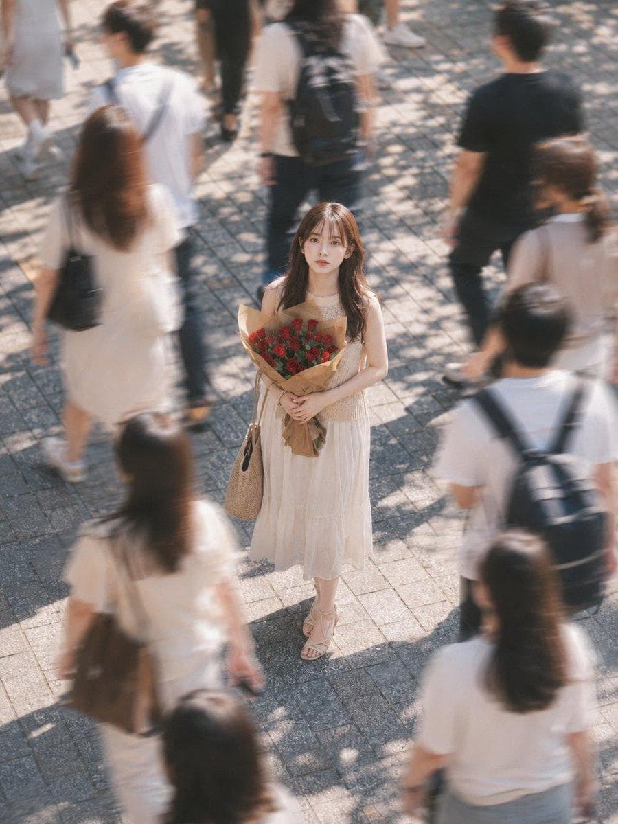 主題： 人波に止まる赤薔薇 主体： 大勢の通行人が行き交う石畳の広場で、白いロングドレス姿の若い女性が赤い薔薇の大きな花束を抱えて立つ全身像。画面中央の女性だけを静止して鮮明に写し、周囲を四方へ流れる人々は強い動体ぼけにする。 人物・表情： 小さな卵形の顔を上方のカメラへ向け、濃茶色の大きな瞳でまっすぐ見上げる。細い眉、淡い珊瑚色の唇を閉じた少し戸惑う静かな表情。胸下までの茶色い長髪は中央分けの薄い前髪と緩いウェーブで、両肩へ流れる。 服装・ポーズ： 温かい白色のノースリーブロングドレス。胸元に細かな透かし編みのレーストップを重ね、腰下は薄い布のティアードスカート。白い細ストラップサンダル、画面左肩に生成り色の編みバッグ。両腕を胸前へ曲げ、茶色い包装紙に包まれた多数の赤い薔薇を両手で持つ。片足をわずかに前へ出して直立する。 背景・光： 背景と前景は灰色の四角い石畳で、斑な木漏れ日と長い影が落ちる。画面全周に白、黒、灰色の服を着た通行人が重なり、人物の前後を横切る。上方左からの柔らかな直射光が中央の顔、白い服、赤い花束を照らす。 構図・カメラ：…