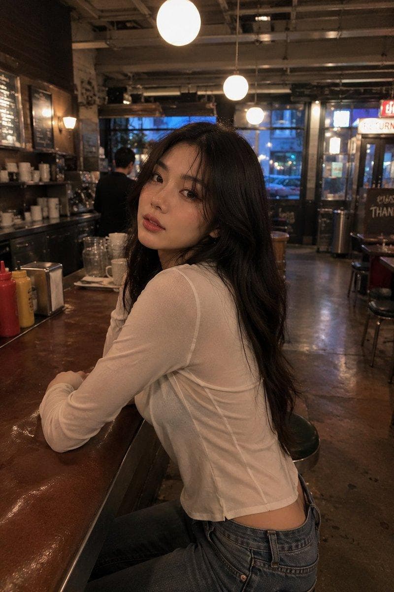 Ultra-realistic candid lifestyle photograph of a stunning young woman inside a stylish independent bookstore, captured from a three-quarter back angle as she turns toward the camera. She is holding an interesting oversized art magazine with a bold animal cover, wearing a sleek black sleeveless dress and carrying a glossy leather shoulder bag. Long wavy dark hair, natural beauty, minimal makeup, soft skin texture, calm mysterious expression. Warm cinematic bookstore lighting, floor-to-ceiling bookshelves, stacked design books, cozy urban atmosphere, shallow depth of field, subtle background customers browsing, modern industrial interior with concrete columns and wooden shelves. Shot on…