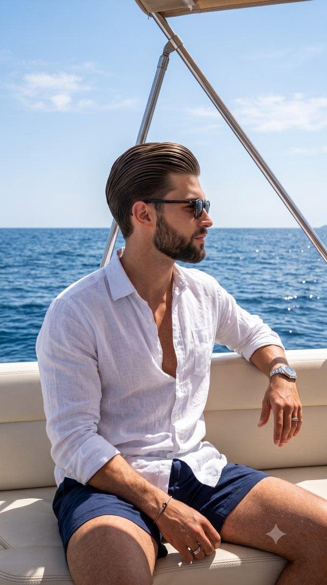 A young man sits comfortably on a boat, his face turned in sharp profile to his right, gazing serenely out at the ocean with a relaxed, subtle smile. His thick, wavy brown hair is loosely tousled by the sea breeze, featuring sun-kissed highlights and natural, delicate flyaways catching the light against the bright sky. He is dressed in a crisp, slightly wrinkled white linen shirt, deeply unbuttoned at the chest with the sleeves casually rolled up to his forearms, paired with dark navy blue tailored shorts. Classic dark-framed sunglasses shield his eyes, while a silver metallic watch gleams on his left wrist, the hand resting gently on his inner left thigh with a subtle silver ring on his finger. His right arm is extended, resting naturally along the edge of the off-white leather boat seating, a thin silver bracelet visible on his wrist. He is positioned on the plush, off-white leather cushions of a modern boat, with smooth white fiberglass structures and a prominent, angled metallic bimini support pole cutting across the top left frame. Beyond the boat, the midground opens up to a vast expanse of deep, rippling blue ocean water that stretches toward a distant, sharp horizon line. Above, the background features a brilliant, clear pale blue sky punctuated by a few scattered, fluffy white cumulus clouds drifting near the horizon. The scene is bathed in bright, direct midday natural sunlight beaming from above, casting stark, well-defined shadows beneath his…