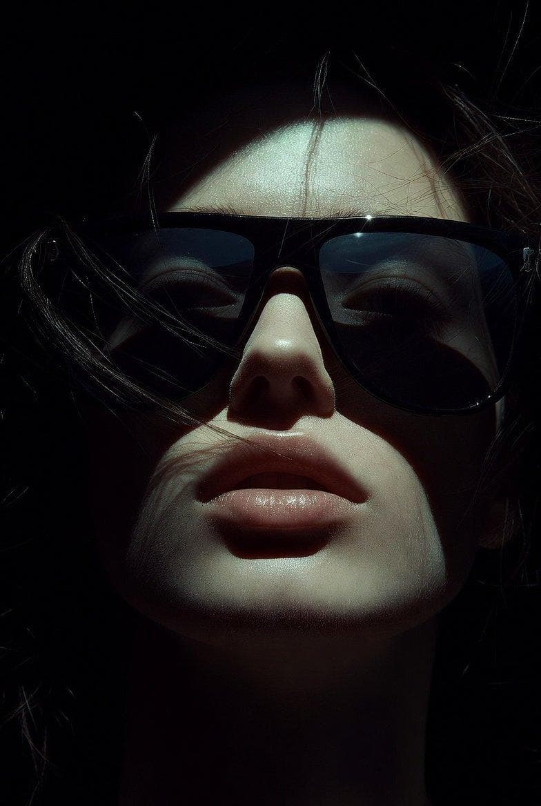 Create an ultra-realistic extreme close-up portrait of the same woman from the reference identity. Her face completely dominates the frame, photographed from a slightly low angle with the camera positioned very close to her face. Only the face and a small portion of the upper neck are visible. The composition is intentionally intimate and tightly cropped, with very little environmental information. Her face is centered almost perfectly within the vertical frame. The forehead occupies the upper central area while the nose and lips create the strongest visual focal points. The image should feel raw, cinematic, mysterious and editorial rather than traditionally glamorous. Long dark brown to black hair surrounding the face naturally. Hair is mostly lost into the dark background, with individual fine strands crossing around the forehead, temples, cheeks and sides of the sunglasses. Several loose flyaway strands are clearly visible because of the directional lighting. Hair should look naturally imperfect rather than styled into a polished hairstyle. The outfit is almost completely outside the frame because of the extreme close-up composition. Only a subtle dark neckline/upper garment may be barely visible at the bottom edge. Use a matte black or very deep charcoal fabric with minimal visual distraction. No visible logos, patterns or decorative elements. Oversized black rectangular sunglasses with thick glossy black frames. The sunglasses sit naturally across the bridge of the nose and cover most of the eye area. Lenses are dark smoky blue-black with subtle transparency. The lenses should contain extremely subtle reflections from the light source without revealing a recognizable environment. Frame construction should be realistic with thick upper frame, defined bridge, slightly rounded rectangular lens corners, realistic reflections and realistic contact with the nose and temples. No additional jewelry or accessories. Natural realistic skin with extremely detailed micro-texture. Visible fine skin pores, subtle natural skin imperfections, delicate facial texture, realistic highlights across the forehead, subtle shadow gradients around the nose, natural lip texture and fine facial hairs around the forehead and cheeks. Skin tone should remain faithful to the reference identity. Makeup is minimal and understated. Eyes are mostly hidden behind the sunglasses but faint eyelid and lash details can be perceived through the darker lenses. Lips have a natural muted nude-pink tone with a subtle hydrated sheen. No exaggerated lipstick. No artificial skin smoothing. No beauty-filter appearance. Head tilted slightly backward relative to the camera. Chin slightly elevated. Face directed almost straight toward the lens. Eyes aligned toward the camera behind the sunglasses. Mouth naturally relaxed and slightly parted. No smile. No exaggerated facial expression. Shoulders and hands are completely outside the frame. The pose should feel still, confident and composed. Minimalist near-black environment with almost no visible background information. The surroundings should disappear into deep shadow. Background is predominantly black with subtle warm brown-black tonal variation. No objects, no furniture, no scenery and no visible room details. The darkness should merge naturally with the woman's dark hair. Use a highly controlled single directional cinematic light source positioned above and slightly in front of the face. The light creates a strong illuminated zone across the forehead, nose, upper cheeks and lips. Most of the surrounding face and hair falls into deep shadow. Lighting should have dramatic falloff, deep blacks, soft but directional highlights, subtle warm skin response, strong dimensional modeling around the nose, controlled highlight on the forehead and delicate catchlight/reflection on the sunglasses. The transition between light and shadow must remain natural rather than artificially cut. Add extremely subtle reflected fill from the environment so the darkest facial areas still retain realistic information. Full-frame professional camera look with an 85mm macro/portrait lens aesthetic. Camera positioned extremely close to the subject from a slightly low angle. Vertical portrait framing. Extreme close-up composition. Face fills approximately 85–90% of the frame. Very shallow depth of field. Focus priority on the bridge and tip of the nose, lips and…