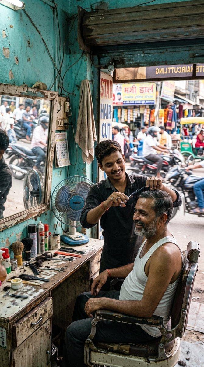 Photorealistic 4K street photograph of a young barber cutting a customer's hair at a tiny roadside barbershop, both men naturally interacting and smiling, old mirror reflecting the street outside, scissors and combs scattered realistically across the counter, dusty walls, electric fan, passing motorcycles softly blurred outside, realistic skin pores, facial hair…