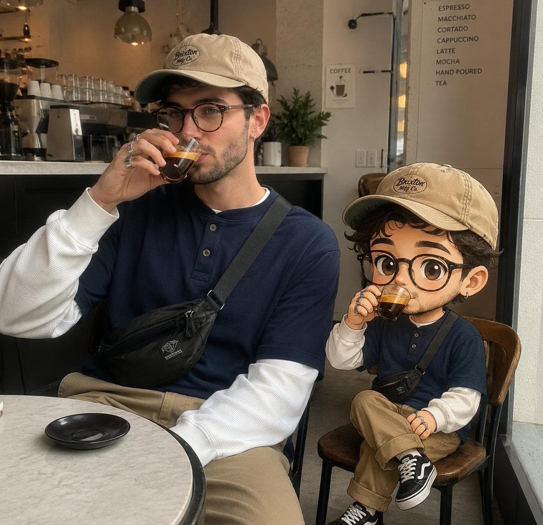 A realistic lifestyle photo inside a modern minimalist coffee shop. A stylish young man wearing a beige vintage baseball cap, navy blue henley T-shirt layered over a white thermal long sleeve, khaki pants, black crossbody bag, silver rings and earrings, peacefully sipping espresso from a small glass while sitting at a café table. Beside him sits his adorable chibi cartoon clone, perfectly matching the same outfit, hairstyle, accessories, pose, and expression, also drinking espresso from a tiny glass. The cartoon character has oversized expressive eyes, soft rounded face, subtle anime-inspired proportions, clean line art, soft cel shading, slightly textured illustration style, perfectly integrated into the real-world lighting and perspective. Cozy café interior, warm natural daylight, cinematic photography, shallow depth of field, highly realistic environment with seamless cartoon-realism blend, wholesome aesthetic, ultra detailed, 8K. Prompt 2 A cozy bedroom mirror selfie captured in natural daylight. A stylish young man sitting on a tall black stool taking a mirror selfie with a yellow smartphone. He wears a red baseball cap, white tank top, light blue striped overshirt, oversized beige shorts, white socks, black Converse sneakers…