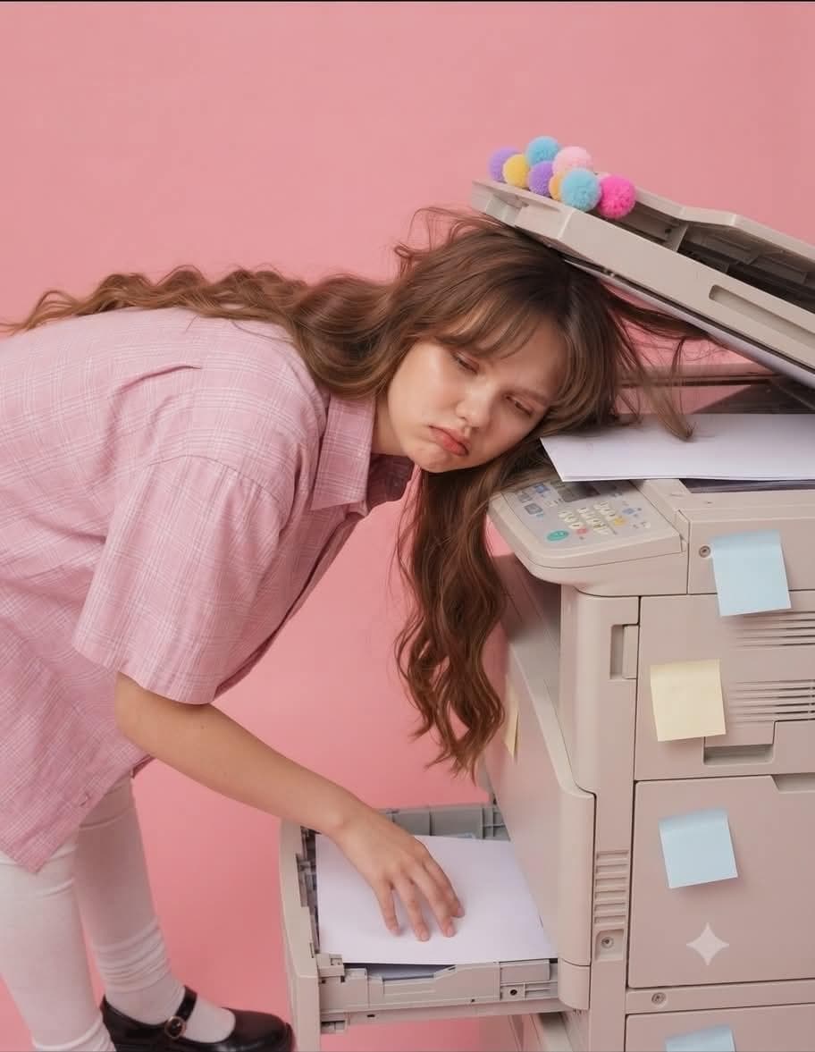 A highly realistic conceptual fashion editorial photograph of a young woman standing beside a large office multifunction copier in a seamless monochromatic pink studio. The entire floor and background are the exact same matte bubblegum pink, creating an infinite studio cyclorama with no visible corners. The woman has a long haircut with natural shine, soft side bangs partially covering her forehead. She wears an oversized pastel pink short-sleeve plaid shirt dress made from lightweight cotton fabric. White over-the-knee socks with soft wrinkles around the knees and ankles. Black glossy leather Mary Jane shoes with silver buckles. She is bent forward approximately 90 degrees at the waist, creating a slouched, exhausted posture. Her left cheek rests directly on the flatbed scanner glass of the photocopier, compressing her face slightly. Her expression is emotionally detached, tired, blank, almost melancholic. Eyes looking directly toward the camera with minimal emotion. Her right arm hangs naturally downward into the open lower paper tray of the copier, fingers loosely touching the paper compartment. Left arm is hidden behind her body, naturally supporting the leaning pose. The industrial office copier occupies nearly half the frame. Scanner lid remains open about 70 degrees. Multiple pastel sticky notes (light blue and pale yellow) are attached randomly across the machine. Small colorful fluffy pom-pom decorations sit on top near the scanner hinge. Several white A4 sheets of paper lie scattered randomly across the pink floor in the foreground. One paper stack is partially open with colorful printed documents visible. Composition feels intentionally awkward and surreal, combining office life with fashion editorial aesthetics. Camera positioned at approximately waist height, perfectly vertical, no tilt. Medium full-body framing from shoes to slightly above the copier lid. Camera distance around 2.5–3 meters. Subject positioned slightly left of center while copier dominates the right side of the frame. Shot using a full-frame camera with a 50mm lens for natural perspective. Aperture f/5.6 to maintain sharpness across both model and copier. ISO 100. 1/160 shutter speed. Soft diffused studio lighting using one giant overhead softbox combined with a large frontal soft source, producing almost shadowless illumination. Extremely even lighting with smooth transitions, no harsh highlights. Very soft reflected fill from both sides. Colors are pastel but highly saturated. Bubblegum pink dominates the entire image. Neutral beige office copier creates visual contrast. Skin tones remain natural with soft warm undertones. Editorial fashion photography inspired by modern Korean magazine campaigns, minimalist conceptual art, absurd everyday surrealism, contemporary commercial photography. Ultra-clean studio environment. Matte surfaces. Slight realistic texture visible on copier plastic and clothing fabric. High-end beauty retouching while preserving realistic skin texture and fabric detail. Sharp focus across the image. Moderate depth of field. No motion blur. Premium color grading with subtle Kodak Portra softness mixed with modern digital editorial processing. Slight magenta bias. Soft contrast. Gentle highlight roll-off. Muted blacks. Natural skin rendering. Fine almost invisible analog film grain (3–5%). Minimal digital noise. No compression artifacts. Ultra-realistic. Museum-quality commercial photography. Hyper-detailed. 8K resolution. Camera & Composition Camera height: waist level (≈100 cm) Lens: 50mm Full Frame Angle: straight-on Tilt: 0° Perspective: natural Framing: medium full-body Aspect Ratio: 2:3…