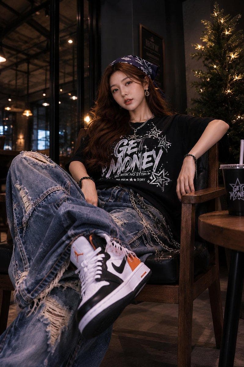 Prompt 1: Ultra-realistic fashion portrait of a stylish young woman relaxing in a premium café lounge at night, sitting deep in a black leather armchair with one leg crossed forward toward the camera, oversized distressed blue baggy jeans with heavy rips and frayed details, black oversized graphic t-shirt with bold white typography and star illustrations, white-black-orange high-top sneakers, long wavy dark brown hair, navy paisley bandana headscarf, silver necklace and bracelets, confident relaxed expression, warm cinematic café lighting, glowing bokeh lights in background, wooden furniture, Christmas tree with fairy lights beside her, shallow depth of field, low-angle perspective, foreground shoe enlarged by perspective, luxury streetwear editorial photography, ultra detailed skin texture, photorealistic, 85mm lens, f/1.8, warm amber tones, dramatic contrast, magazine-quality fashion campaign, 8K. Prompt 2 Ultra-realistic overhead fashion photography, stylish young woman seated in a black leather armchair inside a modern café, camera looking down from above, one arm resting behind head, oversized black graphic tee, distressed oversized denim jeans with chains, white-black-orange sneakers, navy paisley headscarf, elegant jewelry, coffee cup on wooden side table, sunglasses and small black handbag beside cup, warm ambient café lights, luxury lifestyle atmosphere, rich wood textures, cinematic lighting, clean composition, soft shadows, premium streetwear campaign, highly detailed face, realistic skin, sharp focus, 35mm lens, high-angle perspective, editorial magazine cover quality, depth and realism, 8K. Prompt 3 Photorealistic street fashion portrait, young woman sitting casually in a wooden armchair, one hand behind her head and the other resting naturally, oversized ripped jeans, black graphic t-shirt with bold lettering and stars, layered silver chains, navy bandana, white-orange-black sneakers, coffee table with drink and accessories nearby, warm luxury café interior, decorative illuminated tree in background, high-angle three-quarter camera view, soft cinematic lighting, beautiful facial features…
