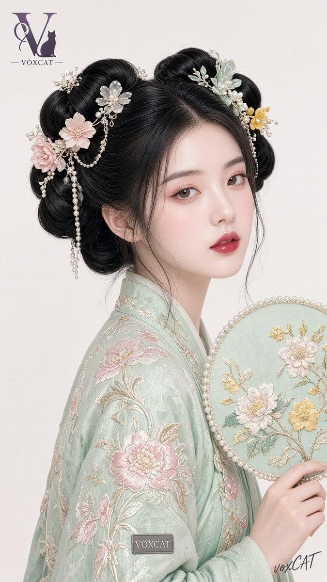 { "style_name": "Spring Porcelain / 春瓷粉黛", "medium": "高净度国风妆造数字人像摄影", "composition": { "aspect_ratio": "9:16", "framing": "半身近景", "camera_angle": "平视3/4侧身回眸", "subject_position": "中央略偏右", "pose": "身体侧转，头部回望镜头，右侧团扇局部切入", "visual_structure": "横向扩张发髻 + 中央面部焦点 + 极简留白背景" }, "lighting": { "setup": "正面偏上大型漫射柔光结合均匀填充光", "contrast": "低反差高键", "shadow": "极浅暖灰柔影", "highlights": [ "瓷肌柔亮高光", "乌发丝缎反光", "唇部水光", "珍珠与刺绣微高光" ] }, "color_grading": { "palette": "暖象牙灰、薄荷玉青、藕荷粉、粉白肤色、乌黑、胭脂红、奶油鹅黄", "background": "#E4E3DA", "mint_green": "#B9DCCB", "dusty_pink": "#CDA7AF", "skin": "#F2D3CE", "shadow": "#B9A9A4", "hair": "#111012", "lip_accent": "#D94A68", "floral_accent": "#E9DEAA" }, "texture": { "skin_or_surface": "平滑细腻粉白瓷釉感，柔亮而洁净", "hair": "高密度乌黑丝缎质感", "fabric_or_material": "薄荷青提花丝织物、刺绣、珍珠、透明树脂发饰", "finish": "高清数字精修、柔和高键、低噪点、边缘细腻" }, "visual_keywords": [ "春瓷", "粉黛", "花朝", "玉润", "回眸", "环髻", "春花", "珍珠", "薄荷青", "藕荷粉", "水光红唇", "粉白瓷肌", "绢面柔光", "国风妆造", "古典人偶感" ], "constraints": […