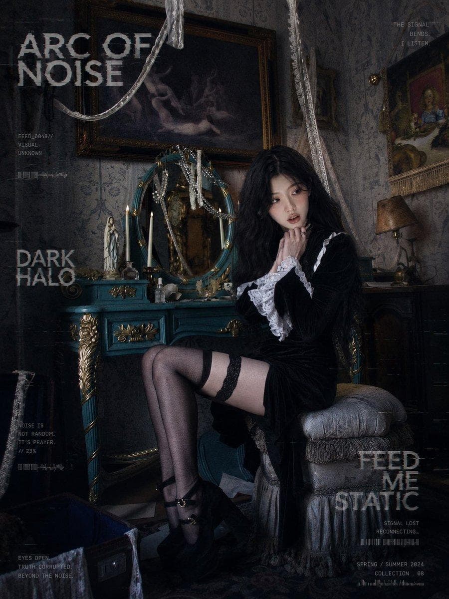 暗黑哥特洛丽塔人像写真，成年女性，黑色丝绒复古女仆裙，白色蕾丝荷叶边袖口与高领，黑色披肩头巾，银色十字架项链，复古戒指，尖形美甲，黑色玛丽珍高跟鞋，半透明黑色长袜，神秘、冷淡、微醺、失神的眼神，表情带一点脆弱感和被窥视感。 场景为维多利亚风格暗黑房间，古董梳妆台，蓝绿色复古木柜，金色雕花镜子，蜡烛烛台，宗教雕像，旧油画，蕾丝帷幔，玻璃吊饰，旧书、散落纸张、地毯、复古香水瓶、十字架饰品，整体氛围像暗黑祈祷室与复古卧室结合。 摄影风格为高级暗黑杂志大片，低照度烛光，冷灰蓝色调，柔和阴影，轻微胶片颗粒，复古 CCD 质感，低饱和，高级灰，电影级光影，真实皮肤纹理，细腻五官，头发自然凌乱，画面不要太 AI，人物动作自然，有情绪。 构图包含多种姿势：坐在复古椅子上侧头凝视，躺在地毯上仰拍，手持银色镜子或香水瓶，手指勾着十字架项链，靠近镜子反射，蜡烛前低头沉思，俯拍视角，近景肖像，半身与全身交替。 加入暗黑故障风英文排版，文字像旧电视信号干扰、扫描线、像素撕裂、错位重影，白灰色破损字体，混合 serif bold font、typewriter font、barcode、UI data overlay。文字内容可使用： ARC OF NOISE / DARK HALO / FEED ME STATIC / SIGNAL VEIL / STATIC SAINT / EYES OPEN, TRUTH CORRUPTED / NOISE IS NOT RANDOM, IT’S PRAYER / SIGNAL LOST, RECONNECTING… 整体风格：dark gothic lolita editorial, victorian gothic…