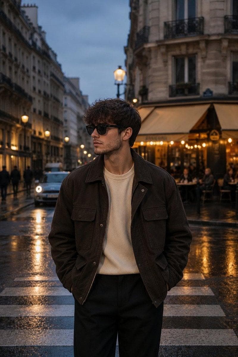 Create a luxury travel fashion editorial portrait of a young man standing on a rainy Parisian street during blue hour. The atmosphere feels cinematic, romantic, and effortlessly sophisticated, inspired by Saint Laurent campaigns and European street photography. The subject stands confidently at the center of a pedestrian crossing with both hands tucked into his jacket pockets. His body faces the camera while his head turns to the left, looking away with a relaxed, contemplative expression. He has curly, tousled dark brown hair and wears black rectangular sunglasses. His outfit consists of a dark brown oversized field jacket layered over a cream knit sweater with black tailored trousers, creating a timeless European autumn style. The background features elegant Haussmann architecture lining both sides of the street. A classic Parisian café glows warmly with amber lights, while wet pavement reflects the surrounding lamps. Vintage streetlights illuminate the sidewalks, pedestrians walk softly blurred in the distance, and a compact car with headlights on approaches from behind, adding realism without distracting from the subject. Lighting combines cool…