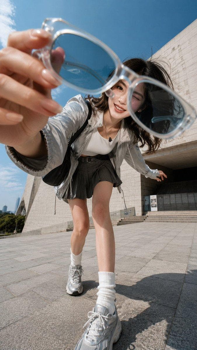 [Subject] An adult young woman with a natural, realistic appearance [Outfit] Specify clothing, shoes, and accessories [Scene] Specify an urban bridge, plaza, tennis court, subway steps, etc. [Action] Specify reaching toward the camera, leaning closer, extending one leg, or presenting an object [Foreground Object] Specify a hand, sunglasses, tennis racket, shoe, drink, etc. [Aspect Ratio] 9:16 Create a 9:16 vertical, photorealistic 0.5x ultra wide-angle fashion portrait. Use a smartphone-like 14–18mm ultra-wide lens from a low angle, creating strong but believable near-large / far-small perspective. Place the [Foreground Object] very close to the lens, taking up around 20%–35% of the frame. It should feel enlarged and appear to extend out of the image. Keep the subject’s face clear in the upper-middle area. The body should follow a diagonal, S-curve, or C-curve instead of standing stiffly. Hair, arms, legs, clothing, or accessories can extend toward the edges to create movement. Use a real urban background with strong perspective lines, such as railings, steps, roads, bridges, court markings, or building edges. The sky may fill 30%–50% of the frame. The subject is performing [Action] and naturally interacting with…
