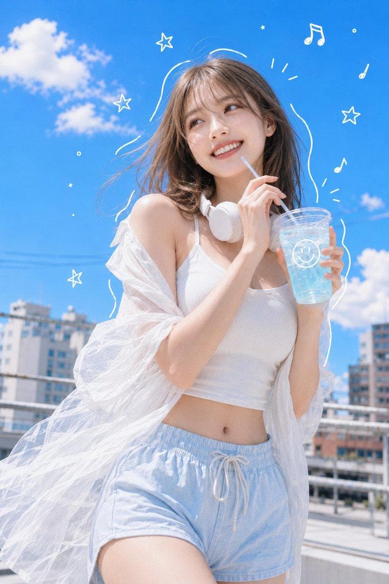 主題： 空色ラムネ日和 主体： 真夏の都市型ビル屋上で、ラムネソーダを手に笑う20代の女性。縦長2:3の画面中央やや右に立ち、頭から太もも上部までを大きく写す。人物は画面の約70％を占め、上部には鮮やかな青空の余白を広く残す。首元の白いワイヤレスヘッドホン、透明カップの淡いブルーの飲み物、周囲に浮かぶ白い手描き風の音符と星を視覚的なアクセントにする。 人物・表情： 明るいアイボリーベージュの肌に、自然なピンクの血色と繊細な肌理。頬、鼻先、肩、鎖骨には夏の日差しによる柔らかなハイライトを入れる。淡いローズピンクのチーク、シャンパンベージュとピンクブラウンのアイメイク、細く長いまつ毛、自然な涙袋、柔らかなブラウン眉、透け感のあるピンクベージュのリップ。口を少し開けた明るい笑顔で、顔は画面左上へ軽く向け、視線も斜め上へ送る。瞳に小さく澄んだキャッチライトを入れる。 髪は明るいミルクティーアッシュブラウン。薄いシースルーバング、顔まわりのレイヤー、肩下までのミディアムロング。毛先は内側にゆるくカールし、細い毛束と自然な後れ毛が夏の空気でわずかに揺れる。一本ずつの流れ、柔らかなツヤ、細いハイライトを丁寧に描く。 服装・ポーズ： 白い細リブのスクエアネックキャミソールに、半透明の薄手ホワイトシャツを肩からゆるく羽織る。ボトムは淡いスカイブルーの軽量ショートパンツで、ウエストに白いドローストリング。健康的で大人らしい自然な体格と、落ち着いた女性らしいシルエット。人物自身の左手で画面右側の透明カップを胸の高さに持ち、右手の指先でストローを唇の近くへ軽く寄せる。腰を少し画面左へずらし、肩の高さにわずかな差をつけたリラックスした立ち姿。指とカップ、ストローの接触を正確に描写する。 背景・光： 日本の都市部にあるビル屋上。中景に金属製の安全柵、後景に低層から中層の建物群と細い電線を配置し、文字やロゴは入れない。空は高彩度の澄んだ青で、左側と下部に小さな白い積雲。透明カップの中には氷、細かな炭酸の泡、淡い水色のラムネソーダを入れ、カップ表面に冷たい結露を描く。主光は画面左上から差す硬めの昼光。頬、肩、腕、カップ上部を明るく照らし、顎下とシャツの内側に淡い影を落とす。青空からの反射光を肌と白い服に薄く加える。 構図・カメラ：…