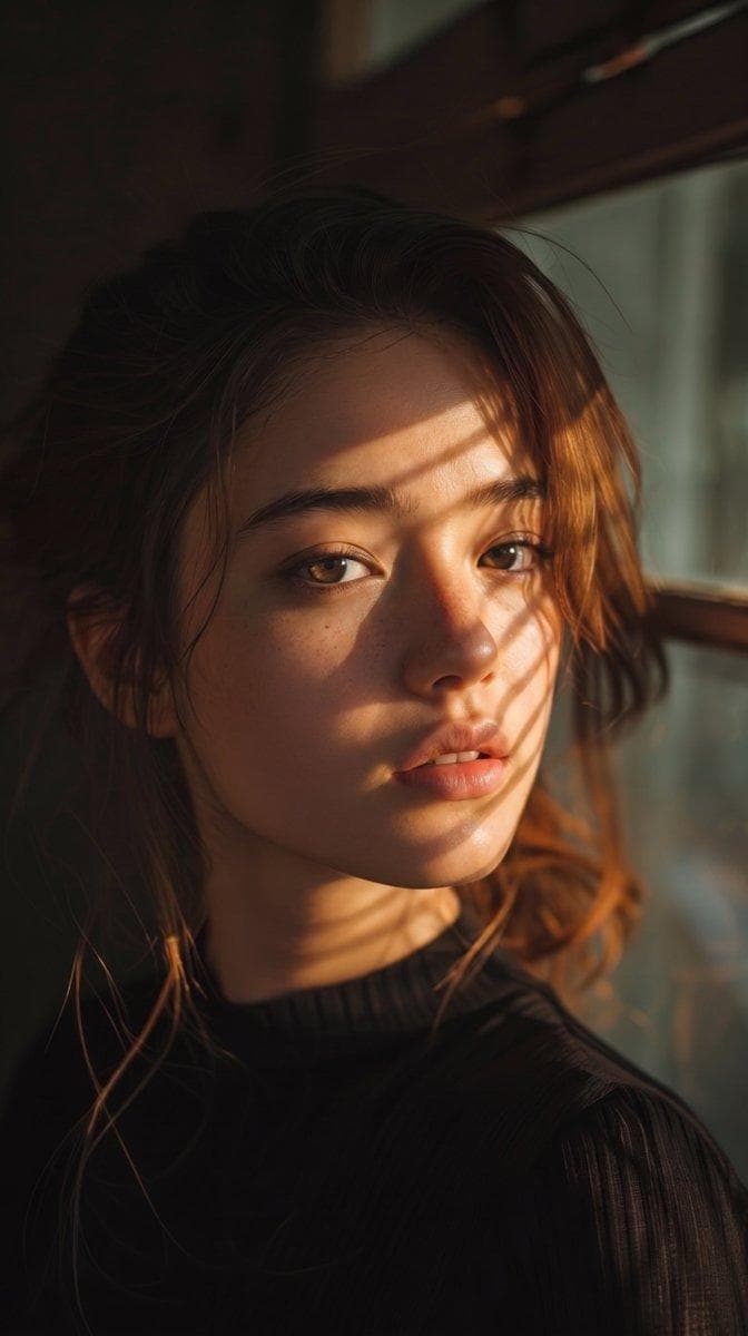 A close-up cinematic portrait of a young woman with natural beauty, hazel eyes, and slightly parted lips. Her wavy, warm-brown hair is loosely tied back with soft, messy tendrils framing her face. She is wearing a fitted black ribbed knit mock-neck top. Golden hour sunlight streams through a window, casting sharp, dramatic slatted shadow patterns diagonally across her face and neck. High-contrast chiaroscuro…