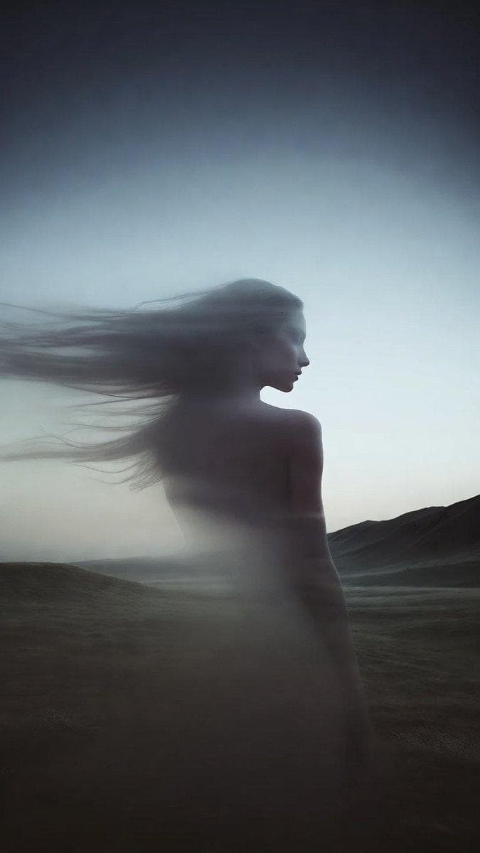 hyper-realistic artistic surreal minimalist image, grand master shot, a woman shown at the…