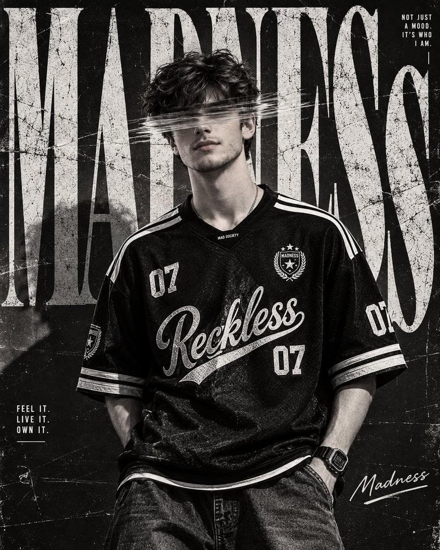 Create a high-end monochrome fashion editorial poster featuring a young male model standing confidently in the center of the frame. SUBJECT AND POSE: A young man with thick, naturally curly dark hair, medium-length curls with strong volume. He has a clean youthful face with subtle facial hair and a relaxed, confident expression. He stands facing the camera with his body slightly angled, shoulders relaxed, both hands casually placed inside the front pockets of his loose-fitting pants. His posture feels effortless and confident. He wears an oversized black vintage-inspired football jersey with white athletic stripes running along both shoulders and sleeves. The jersey has a large stylized script graphic reading "Reckless 07" across the chest, smaller "07" numbers on the upper chest and sleeves, a small crest emblem on the left chest, and subtle athletic branding details. Pair it with loose dark denim jeans. Add a chunky digital wristwatch on his left wrist and a simple thin chain around his neck. FACE OBSCURATION: Create a strong horizontal motion-blur/glitch effect passing directly across the model's eyes. The effect should look like several translucent horizontal photographic brush streaks or smeared film frames moving rapidly from left to right. Keep the rest of the face sharp and recognizable. Do not cover the entire face. COMPOSITION: Vertical fashion poster composition, approximately 4:5 aspect ratio. The model occupies most of the center and lower-middle portion of the poster. Frame him from approximately the knees upward. Keep his entire hairstyle visible with enough negative space around the head. Behind him, create an oversized editorial typographic background with huge distressed white letters spelling "MADNESS". The typography should extend beyond the edges of the poster and sit behind the model, creating a layered magazine-cover effect. The giant letters should have a weathered, scratched, cracked and slightly faded texture. GRAPHIC DESIGN: Add small editorial typography around the composition. Top-right: "NOT JUST A MOOD. IT'S WHO I AM." Bottom-left: "FEEL IT. LIVE IT. OWN IT." Bottom-right: A handwritten-style signature reading "Madness" with a rough underline. Use small thin lines and subtle geometric graphic marks around the typography. COLOR AND LIGHTING: Strict black-and-white monochrome photography. Deep black background, bright off-white typography, high contrast subject, strong shadows, slightly crushed blacks and bright highlights. No colorful elements. Use dramatic studio/editorial lighting with directional light from the front and slightly above, creating sculpted facial features and strong texture on the clothing. STYLE…