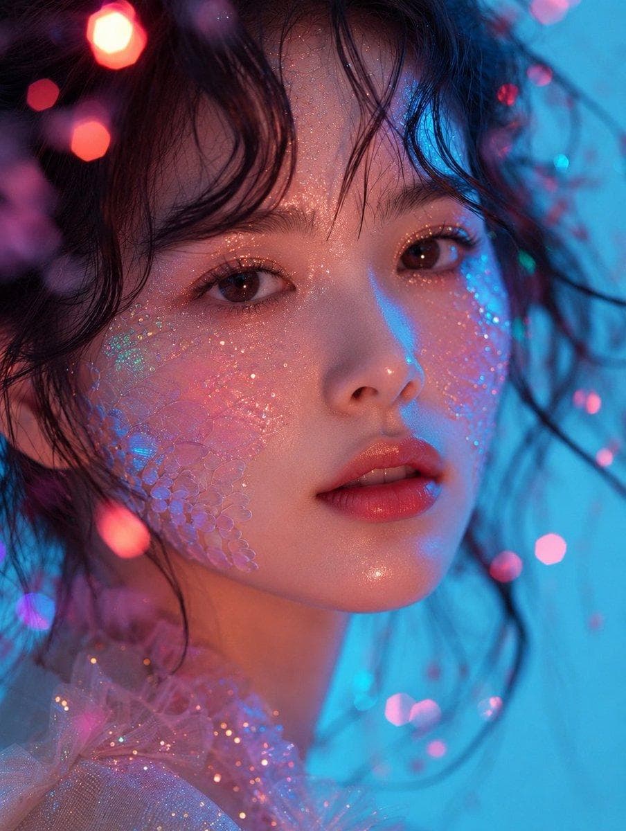 Ultra-realistic cinematic beauty portrait of a young East Asian woman, extreme close-up headshot, perfectly symmetrical face, luminous porcelain skin with natural subsurface scattering, large warm brown eyes with detailed reflections, soft glossy coral-pink lips slightly parted, delicate straight nose, natural feathered eyebrows, loose messy black wavy hair framing the face with wispy strands across the forehead, subtle dewy makeup, ultra-fine holographic glitter dust across forehead, eyelids, cheeks, and nose bridge, translucent iridescent crystal scale texture on both cheeks blending naturally into the skin, shimmering fairy-like aesthetic, dreamy fantasy beauty. Soft neon lighting with contrasting cyan-blue key light from the right and warm pink-magenta fill light from the left, glowing pastel color palette, volumetric glow, colorful bokeh lights floating in the foreground and background, shallow depth of field, creamy background blur, sparkling particles suspended in the air, ethereal atmosphere. She wears a delicate translucent pink glitter…