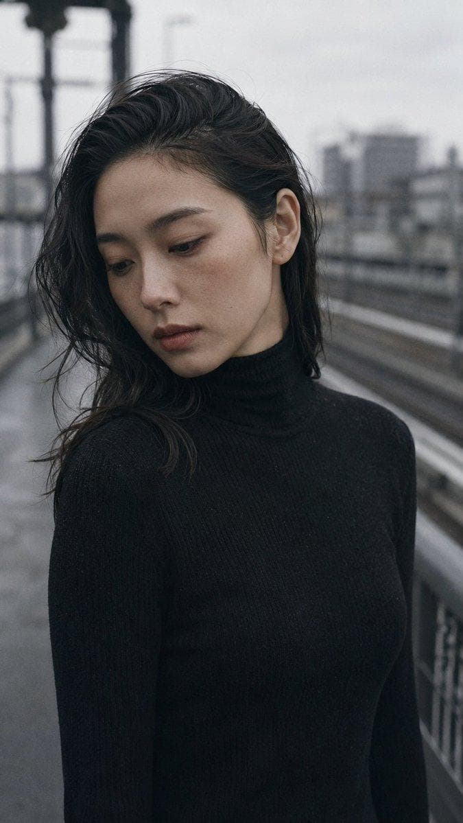 Portrait shot on 85mm f/2, close-up of a Japanese woman in her late 20s, dark wavy hair tucked behind one ear, high cheekbones, narrow eyes with elegant downward cast, expression neutral and self-contained. She wears a slim black turtleneck sweater. Upper body portrait outdoors on an empty platform or overpass, blurred train or city infrastructure in background bokeh, grey sky visible. Overcast cold-light outdoor conditions, flat cool grey daylight, high-key diffused, very low saturation, monochromatic grey-black palette. Photographic texture and quality: ISO…