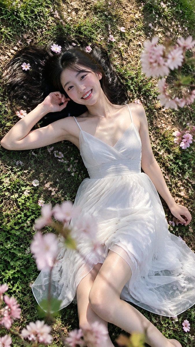 Subject: [Adult East Asian Woman] Outfit: [White Tulle Slip Dress] Setting: [Cherry Blossom Lawn] Mood: [Bright Youthful Relaxed] Aspect ratio: [9:16] Create a highly photorealistic outdoor portrait that feels like a candid photo taken by a friend on a phone. A young adult woman around 20 lies naturally on the grass, fully relaxed with her head, shoulders, and back resting on the ground. Her body is slightly turned, with one leg naturally bent and part of her legs visible through the casually spread skirt. She looks directly at the camera with bright, lively eyes and a natural open smile showing some teeth, creating a warm, youthful sense of interaction. Keep her face fresh and naturally attractive rather than a standardized influencer look. Preserve realistic skin texture, pores, subtle unevenness, and small natural imperfections such as a beauty mark. No skin smoothing or artificial glow. The dress should have realistic construction and natural support…