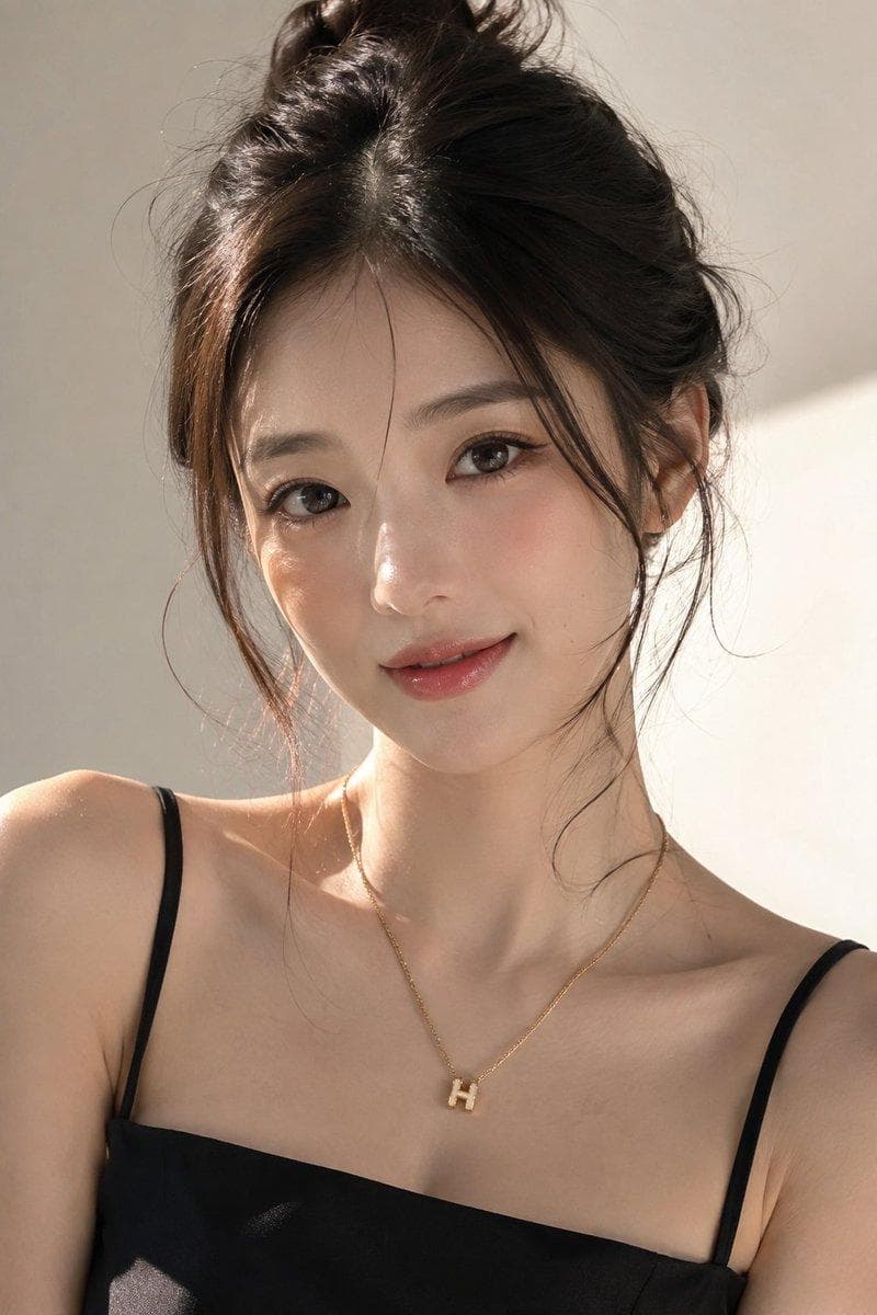 Ultra-realistic portrait of a cute young East Asian woman, naturally glowing dewy skin, soft delicate facial features, expressive sparkling brown eyes, glossy dark brown hair in a messy high bun with loose wispy strands framing her face, subtle light makeup, soft pink lips, black spaghetti-strap camisole, delicate gold H pendant necklace, sweet confident expression, warm natural…