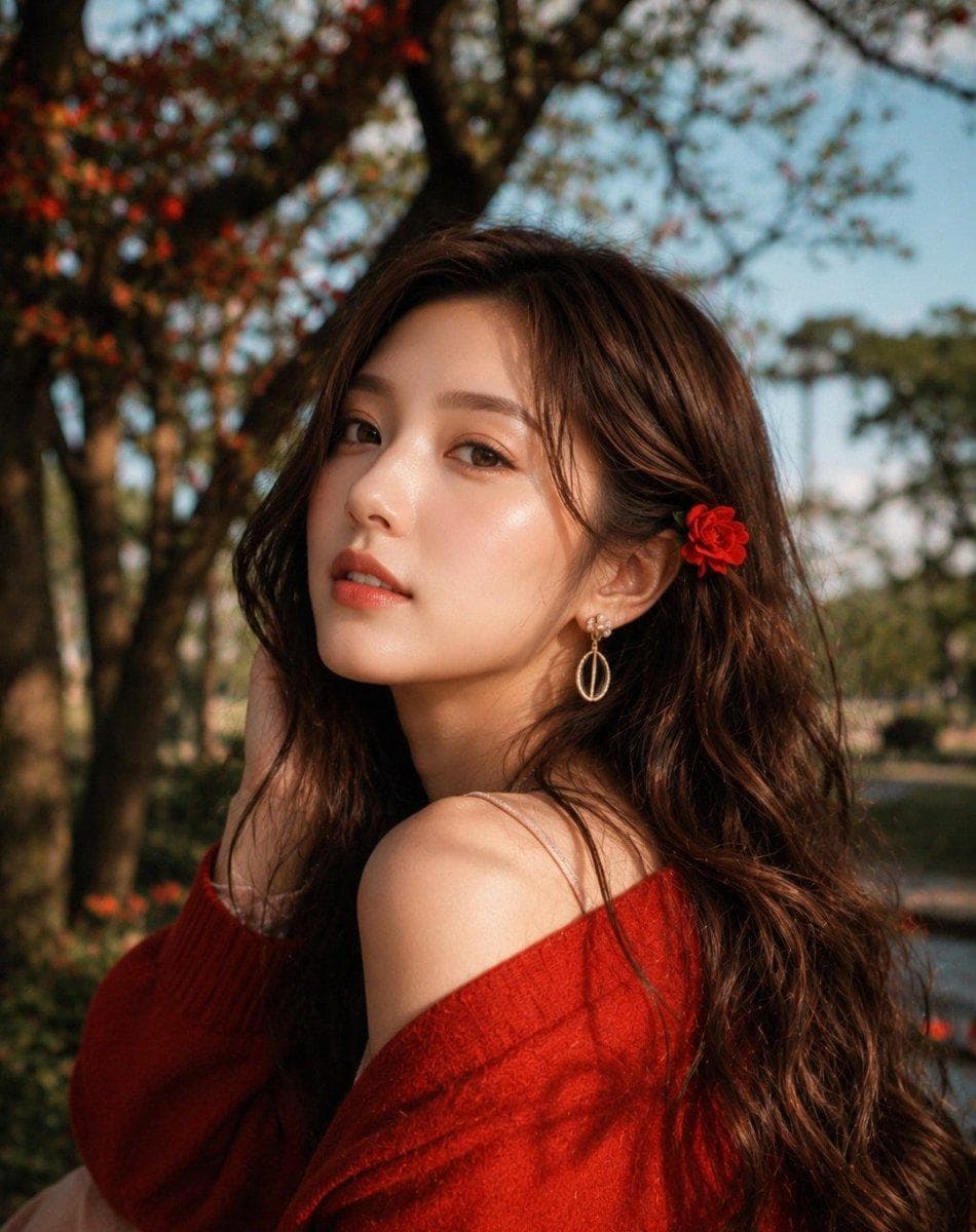 Ultra-realistic DSLR portrait of a beautiful young East Asian woman sitting outdoors beneath a blooming tree during golden hour, looking back over her shoulder directly at the camera with a calm, dreamy expression. She has long, naturally wavy dark brown hair cascading over her back, with a small vibrant red flower tucked behind one ear. She wears elegant gold oval drop earrings and an oversized off-shoulder deep crimson red knit sweater exposing one shoulder. One hand gently brushes through her hair while the other rests naturally out of frame. Warm golden sunlight creates soft glowing skin with subtle specular highlights and natural rim light around her hair. Background filled with large flowering trees, warm autumn foliage, creamy bokeh, and a softly blurred park pathway. Rich cinematic color grading with warm reds and earthy browns, shallow depth of field, ultra-detailed skin texture, realistic hair strands, natural makeup, soft peach lips, sharp eyes with catchlights, HDR photography, 85mm lens, f/1.8, RAW photo, masterpiece, ultra photorealistic, 8K. Prompt 2 (Image 2 – Low Angle Outdoor Portrait with Tree Shadows) Ultra-realistic outdoor portrait of a beautiful young East Asian woman photographed from a slightly low-angle perspective beneath a flowering tree on a bright sunny day. She tilts her head gently toward the camera while making soft eye contact with a relaxed, elegant smile. Long voluminous dark brown wavy hair flows naturally over her shoulders, adorned with a small…