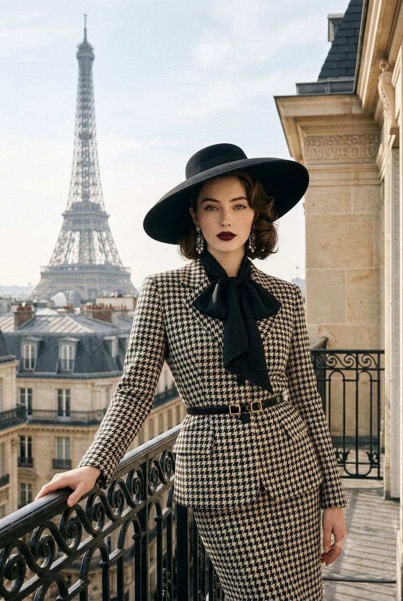 Luxury vintage Parisian fashion editorial, full-body vertical 2:3 portrait. Elegant young adult woman standing on an ornate Parisian balcony beside a black wrought-iron railing, Eiffel Tower clearly visible in the left background. Calm, confident expression, porcelain-fair realistic skin, burgundy lipstick, subtle smoky vintage makeup, defined brows and lashes. Short-to-medium dark brunette hair styled in sculpted 1940s–50s Hollywood waves, wearing a structured black wide-brimmed felt hat. Black-and-cream houndstooth couture suit with sharp tailoring, fitted waist, realistic wool texture and a black silk oversized bow scarf. Slim belt with vintage black-and-gold buckle, ornate chandelier earrings. Historic cream Parisian architecture, rooftops and distant trees, soft natural daylight, subtle atmospheric haze. Muted cinematic colors: ivory, deep black, burgundy, champagne gold…