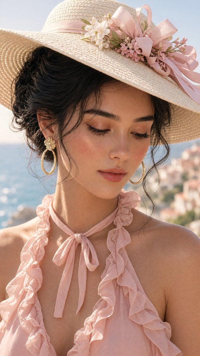 A close-up portrait of a glamorous young woman outdoors near the coast, featuring a soft-focus background of coastal buildings and blue water. She is wearing a wide-brimmed white straw hat adorned with pink ribbon bows and delicate white and pink floral arrangements. Her dark hair is styled in an elegant updo with soft strands framing her face.She wears a light pink, ruffled halter-style dress with a tied neckline…