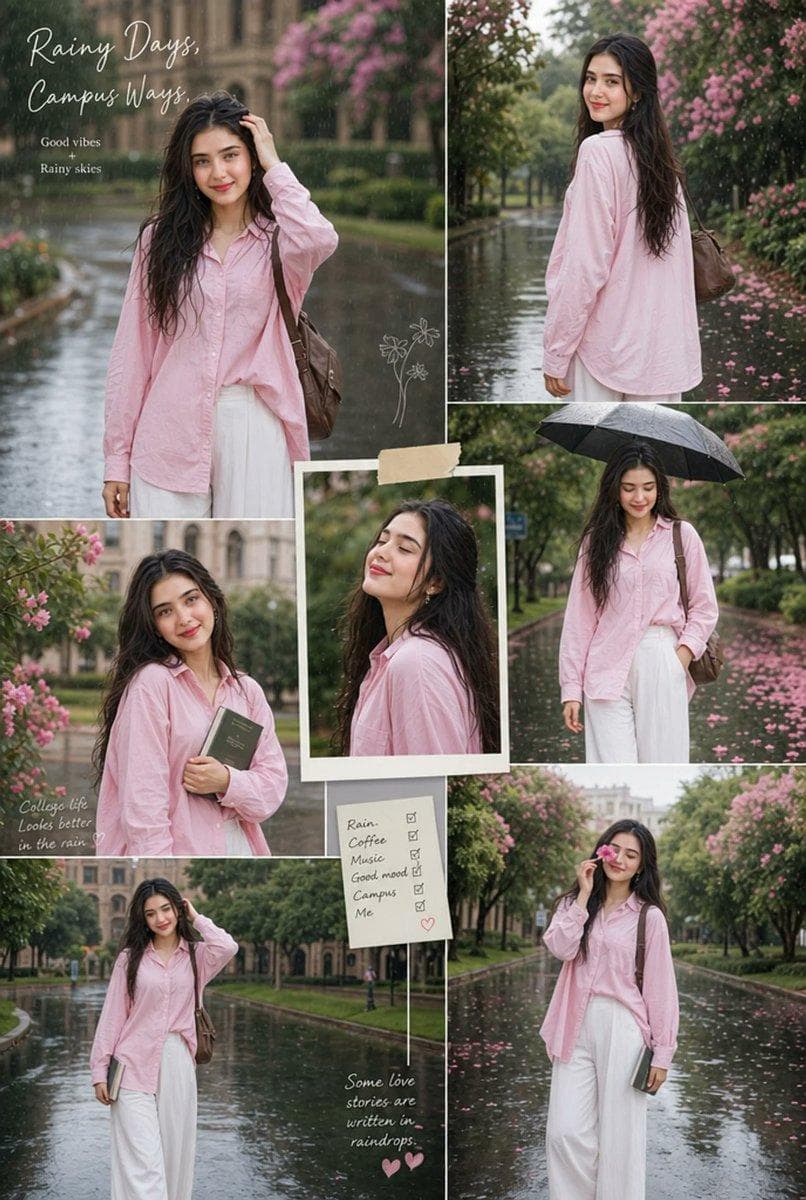 Create an aesthetic rainy-season college portrait collage featuring stylish young woman wears a pink oversized shirt and flowing white wide-leg pants while enjoying gentle rainfall on a beautiful campus road. Surround her with blooming pink flowers, lush greenery…