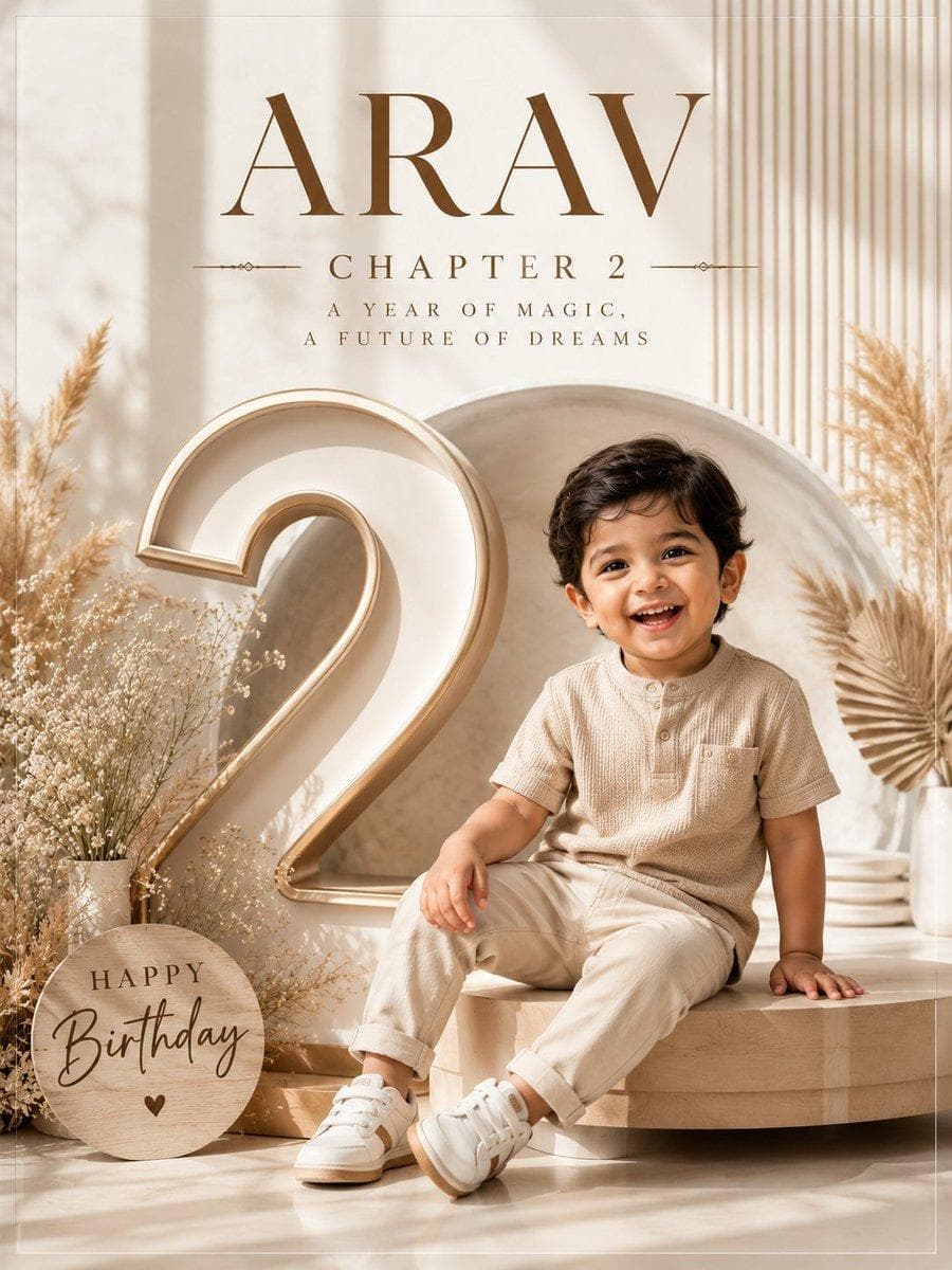 Professional luxury birthday poster, 3:4 portrait composition, ultra-premium editorial photography style. Elegant sculptural archway backdrop crafted from ivory marble and soft champagne-toned textured surfaces, with refined architectural depth and luxury interior aesthetics. A grand floating metallic number [Age] stands at the center, designed in brushed rose-gold finish with realistic reflections, beveled edges, and sophisticated dimensional lighting. Surrounding the number are cascading blush-pink roses, white peonies, delicate baby's breath, and floating satin ribbons arranged in an artistic luxury composition. A joyful [Age]-year-old child with preserved facial identity stands partially in front of the number, wearing a premium cream knit outfit with soft pastel pink accents and stylish luxury children's fashion styling. Natural genuine laughter, sparkling eyes, confident pose. The child's face, one arm, and one leg extend beyond the foreground decorative elements, creating an immersive layered 3D depth effect with realistic perspective and shadow interaction. Soft golden-hour sunlight streams through large architectural windows, producing elegant highlights, cinematic glow, and subtle volumetric light rays. Studio-grade lighting, ultra-realistic skin texture, premium…