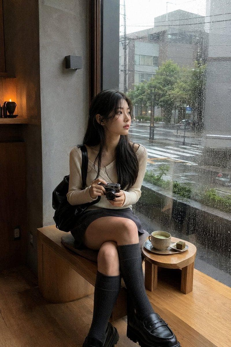 Young woman matching the uploaded reference exactly, sitting casually by a rain-covered café window, holding a small film camera, gazing outside with a distant expression. Cream knit top, dark mini skirt, knee-high socks, chunky loafers, black shoulder bag. Warm minimalist Japanese café, rainy Tokyo street, matcha latte, soft window light, muted tones, subtle halation…