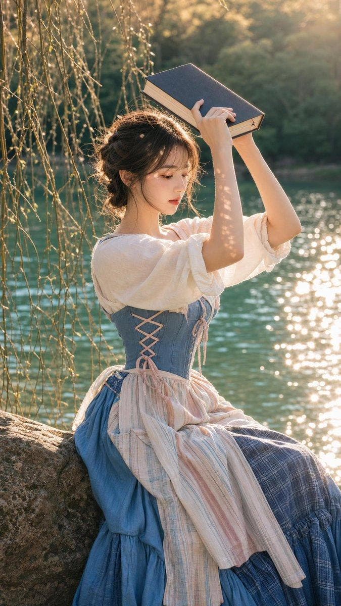 A breathtaking young woman with an exceptionally youthful, fresh, delicate appearance, soft feminine features, smooth V-line face, naturally proportioned facial structure, flawless porcelain glass skin with zero wrinkles, zero pores, zero skin texture, luminous healthy glow, radiant youthful complexion, subtle translucency, vibrant healthy skin, no signs of aging, no dullness, no eye bags, no nasolabial folds, soft jawline, elegant neck. Large expressive almond-shaped eyes with natural sparkling catchlights, subtle aegyo-sal, naturally long curled eyelashes, soft straight eyebrows with feathered texture, small refined nose, naturally full lips wearing fresh peach-coral gradient lip tint. Light peach blush blended seamlessly across the cheeks, soft natural contour, minimal highlighter creating a healthy luminous finish. Dark chestnut brown hair styled in a loose messy low braided updo with romantic cottagecore styling, wispy see-through bangs gently framing the forehead, numerous delicate flyaway strands around the face and nape softly lifted by a gentle breeze, realistic silky hair strands illuminated by warm sunlight. She wears a romantic vintage cottagecore peasant outfit consisting of a loose white cotton peasant blouse featuring a relaxed open neckline, soft natural fabric wrinkles, voluminous long sleeves neatly rolled just below the elbows. Layered over the blouse is a structured cornflower blue corset bodice with elegant tailoring and soft pink crisscross ribbon lacing along the front side panels, emphasizing the feminine silhouette without appearing tight. The lower garment is a voluminous layered ankle-length gathered skirt featuring alternating panels of solid dusty blue fabric and navy blue plaid fabric with fine white grid patterns. Around the waist is an asymmetrical patchwork apron composed of faded pastel striped and plaid fabrics in soft blush pink, baby blue, cream, and muted white tones, creating an authentic handcrafted vintage aesthetic. The model is seated sideways on a large weathered natural stone with rough organic textures beside a tranquil lake. Her body faces toward the left side of the frame while her head tilts slightly downward with a serene, thoughtful expression. Both arms are gracefully raised near her face, holding an opened thick hardcover book above eye level as if shielding herself from the warm sunlight or enjoying a poetic quiet moment. The hardcover book has a dark navy or black cover with cream-colored page edges, positioned directly above her head and facing forward. Camera angle: eye-level perspective, medium shot framing from slightly above the head down to mid-thigh, perfectly balanced composition following the rule of thirds, cinematic framing with elegant negative space. Lighting: warm natural golden hour sunlight, strong backlighting from the upper right behind the model creating magnificent golden rim lighting outlining every loose hair strand, shoulders, blouse sleeves, corset edges, arms, and book. Soft dappled sunlight filters through overhead tree leaves, projecting delicate organic leaf-shaped light patterns across portions of her face, blouse, and hands while maintaining beautiful facial visibility. Warm amber highlights blend naturally with cool environmental shadows for maximum depth and realism. Background: peaceful lakeside landscape with calm emerald-turquoise water gently reflecting golden sunlight, shimmering specular highlights dancing across subtle ripples. Dense dark green forest lines the opposite shoreline, softly blurred with cinematic depth of field. In the foreground on the left side, delicate leafless willow-like branches hang vertically, naturally framing the composition and adding depth without blocking the subject. Background rendered with smooth creamy bokeh while preserving environmental realism…
